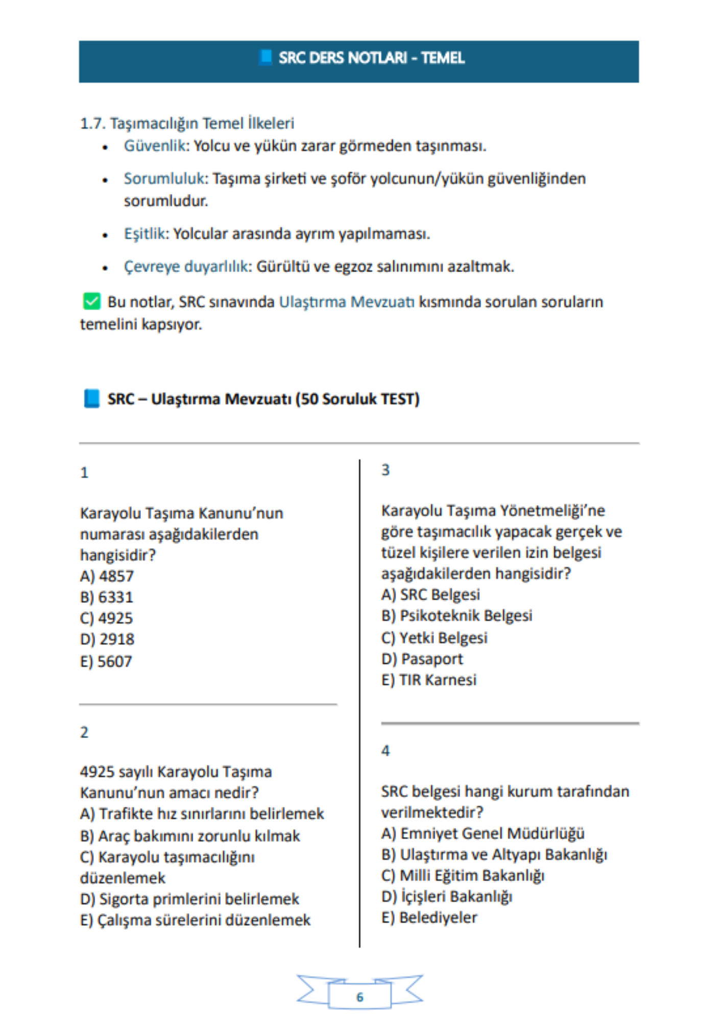 SRC Ders Notları Kitabı (Trafik İşaretleri PANOSU İlaveli)