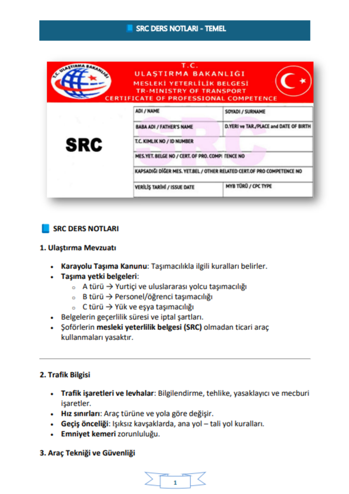 SRC Ders Notları Kitabı (Trafik İşaretleri PANOSU İlaveli)