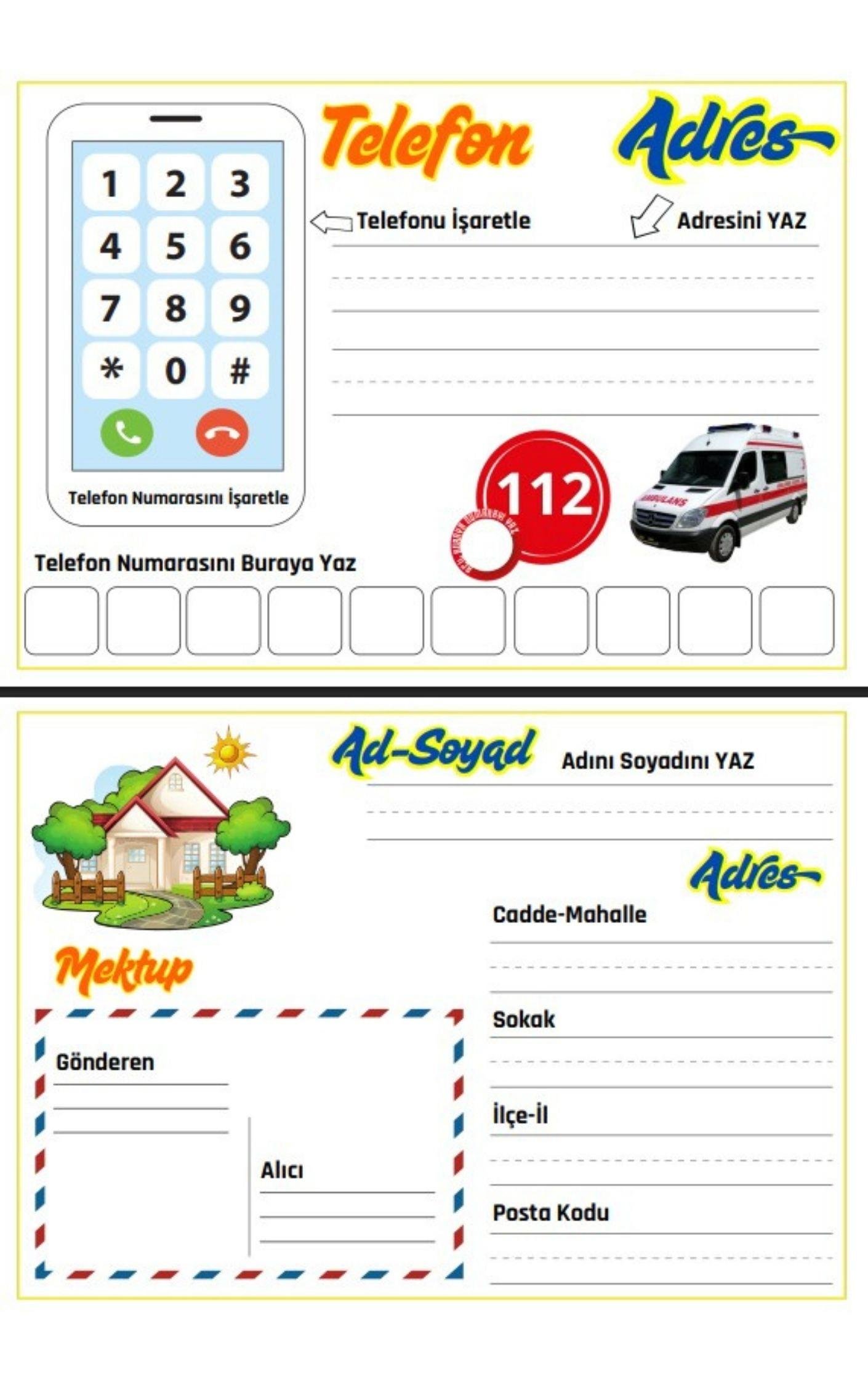 Telefon Numarası Acil Yardım ve Adres Yazma-Silme Etkinliği (Laminasyonlu)