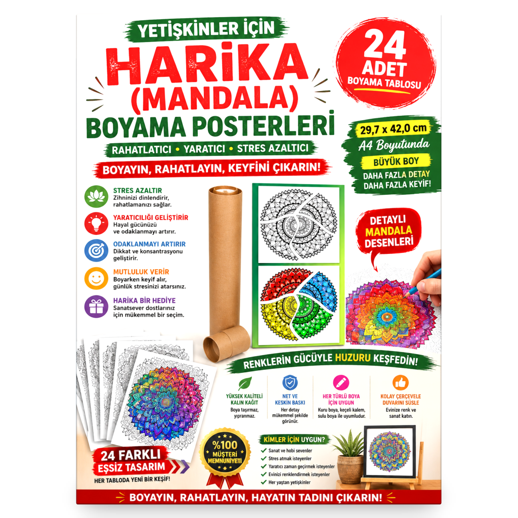 Yetişkinler İçin Harika Mandala Boyama Posterleri 24 Adet (30 cm x42 cm)