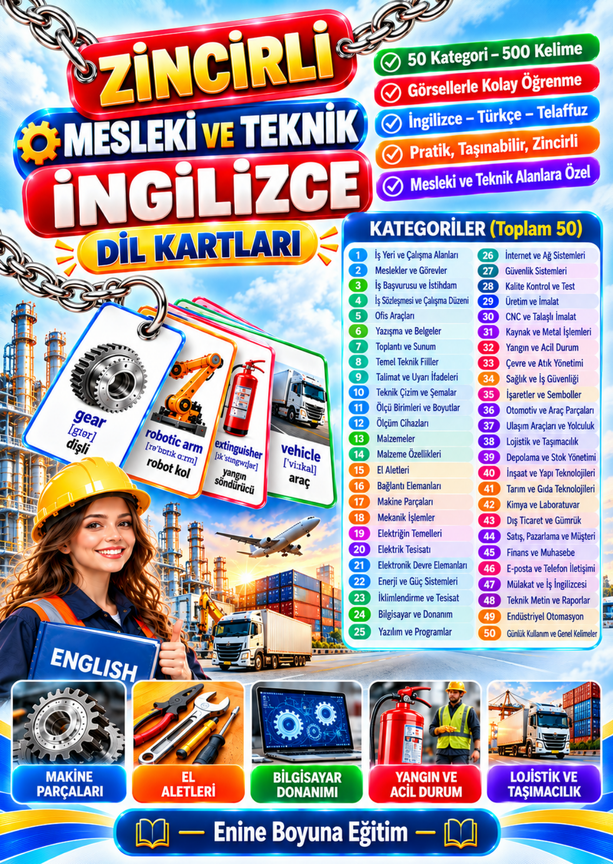 Zincirli Mesleki ve Teknik İngilizce Dil Kartları 