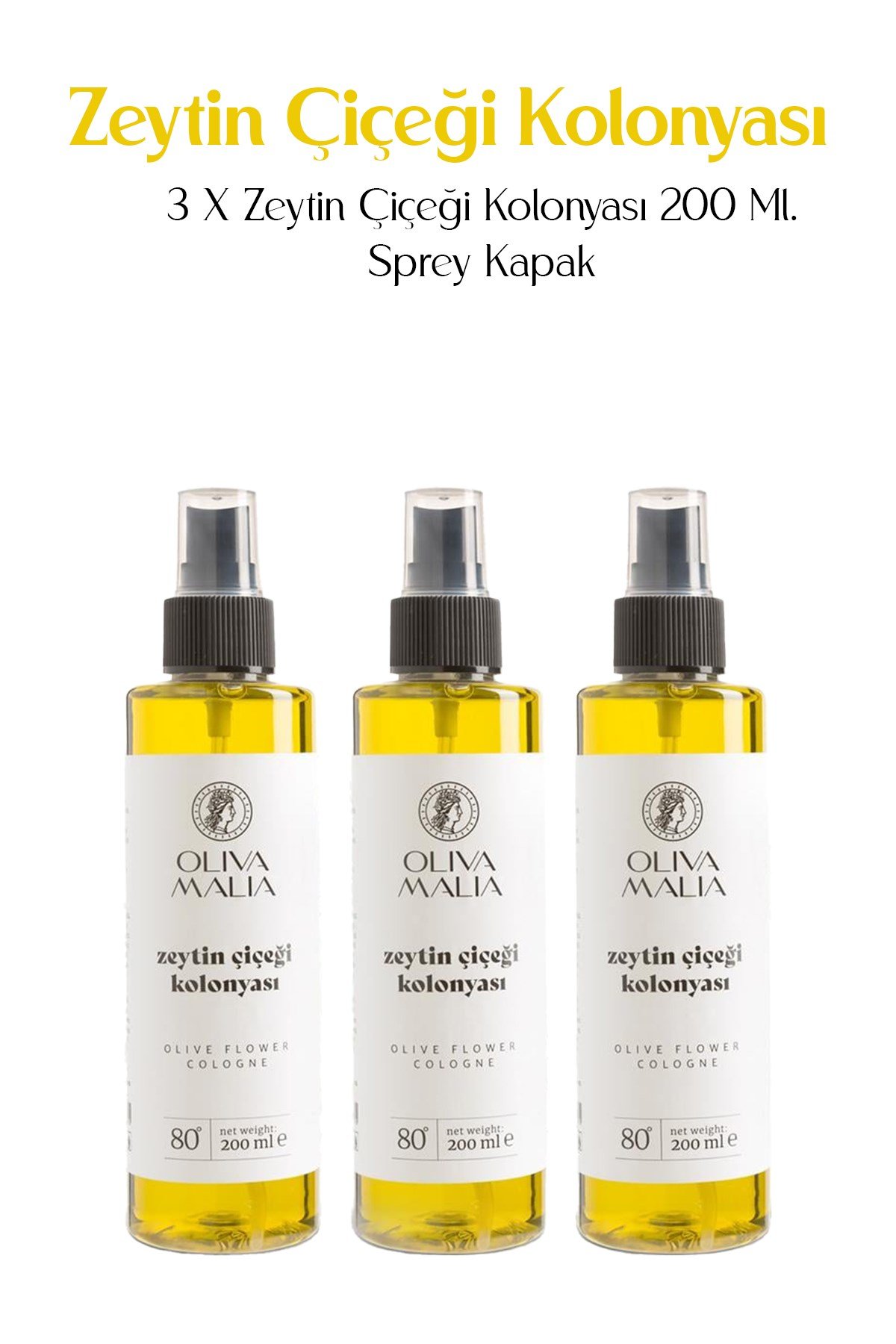 3'lü Zeytin Çiçeği Kolonyası 200 ml Sprey Kapaklı Şişe Seti