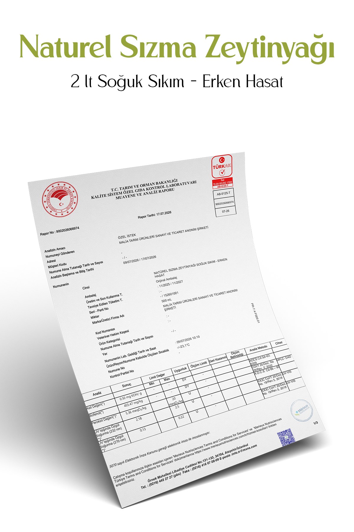 Naturel Sızma Zeytinyağı 2 lt - Soğuk Sıkım - Erken Hasat