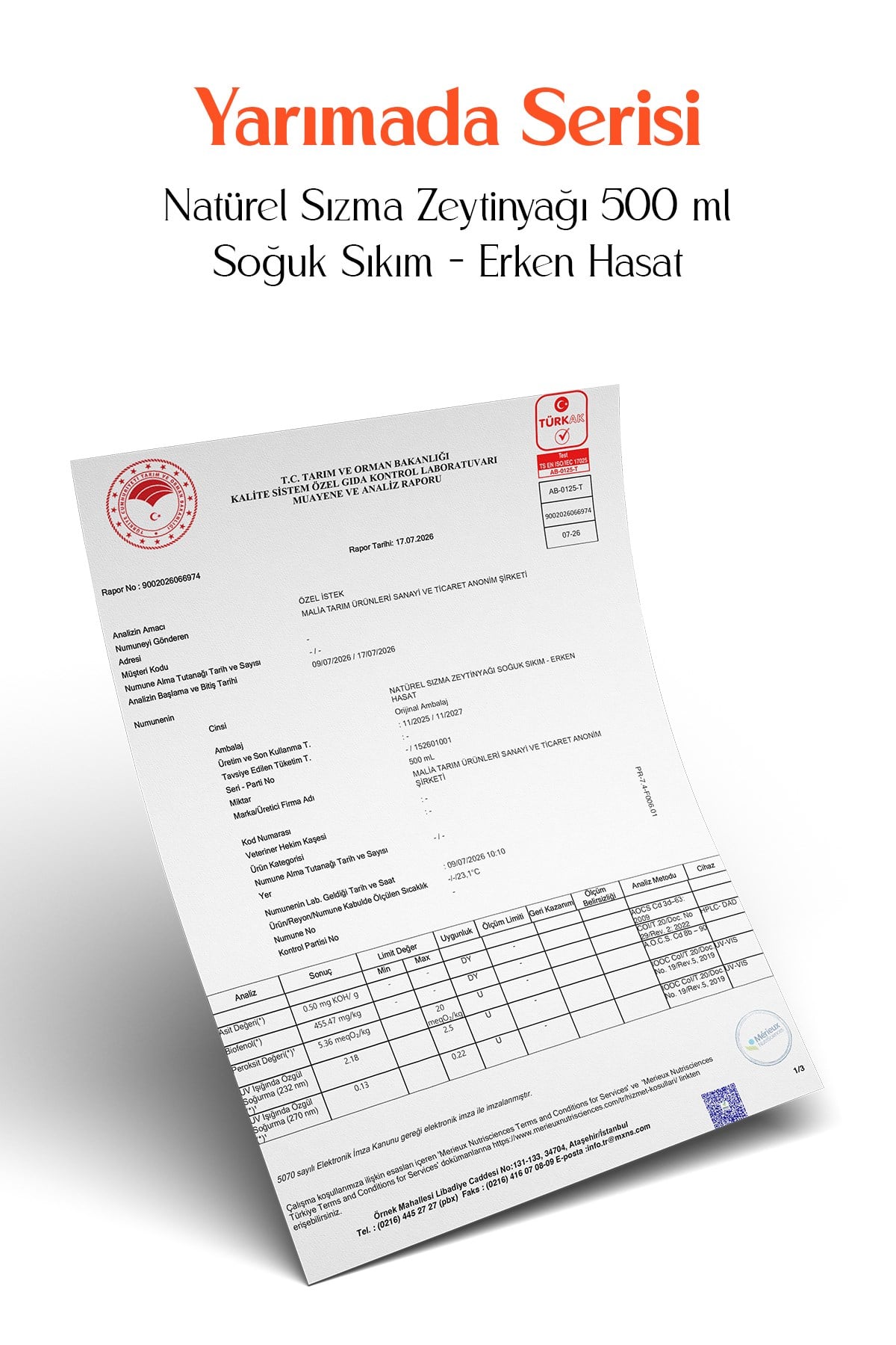 Yarımada Serisi Natürel Sızma Zeytinyağı 500 ml - Soğuk Sıkım - Erken Hasat