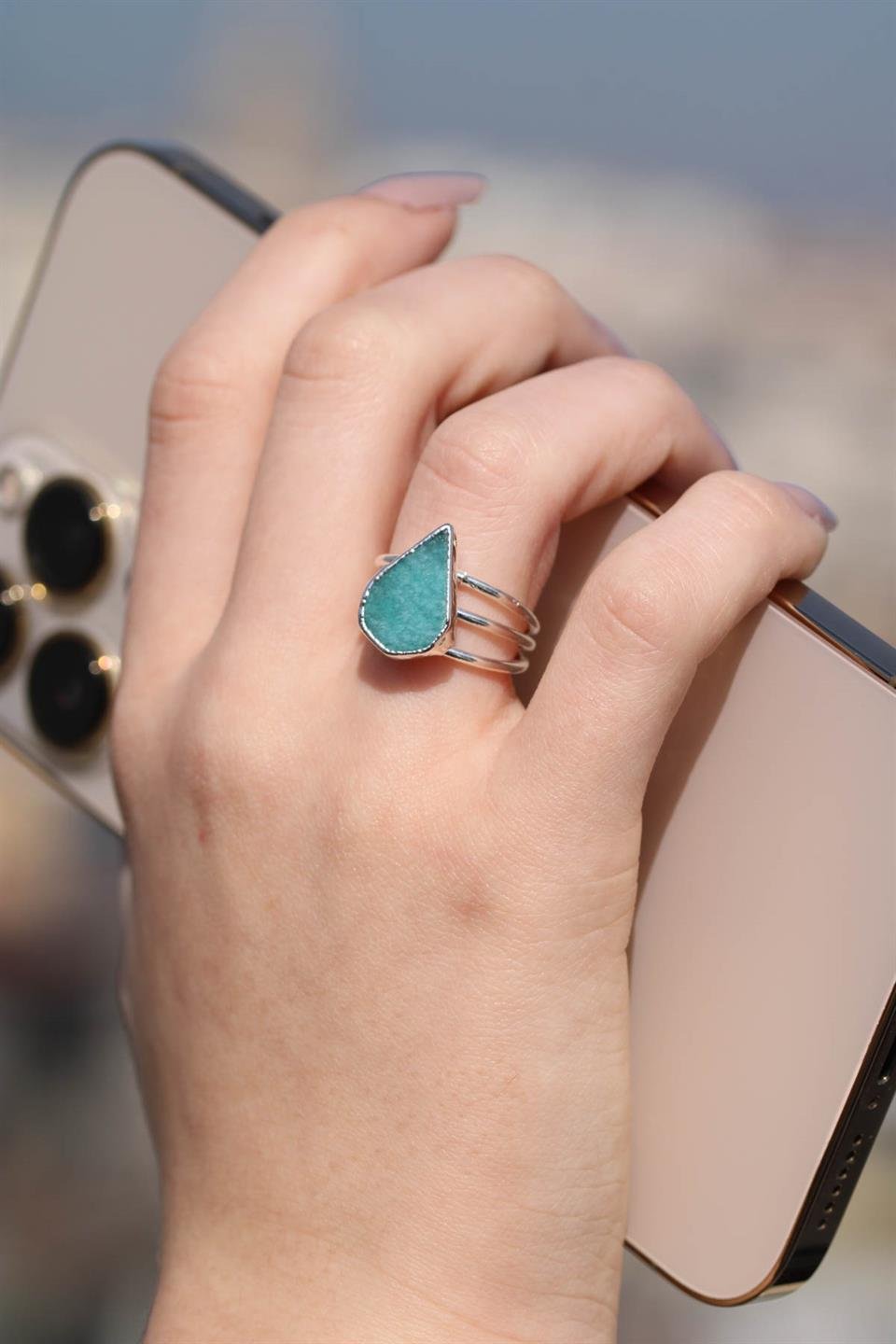 Amazonit Damla Model 3 Telli Gümüş Kaplama Ayarlanabilir Doğal Taş Yüzük