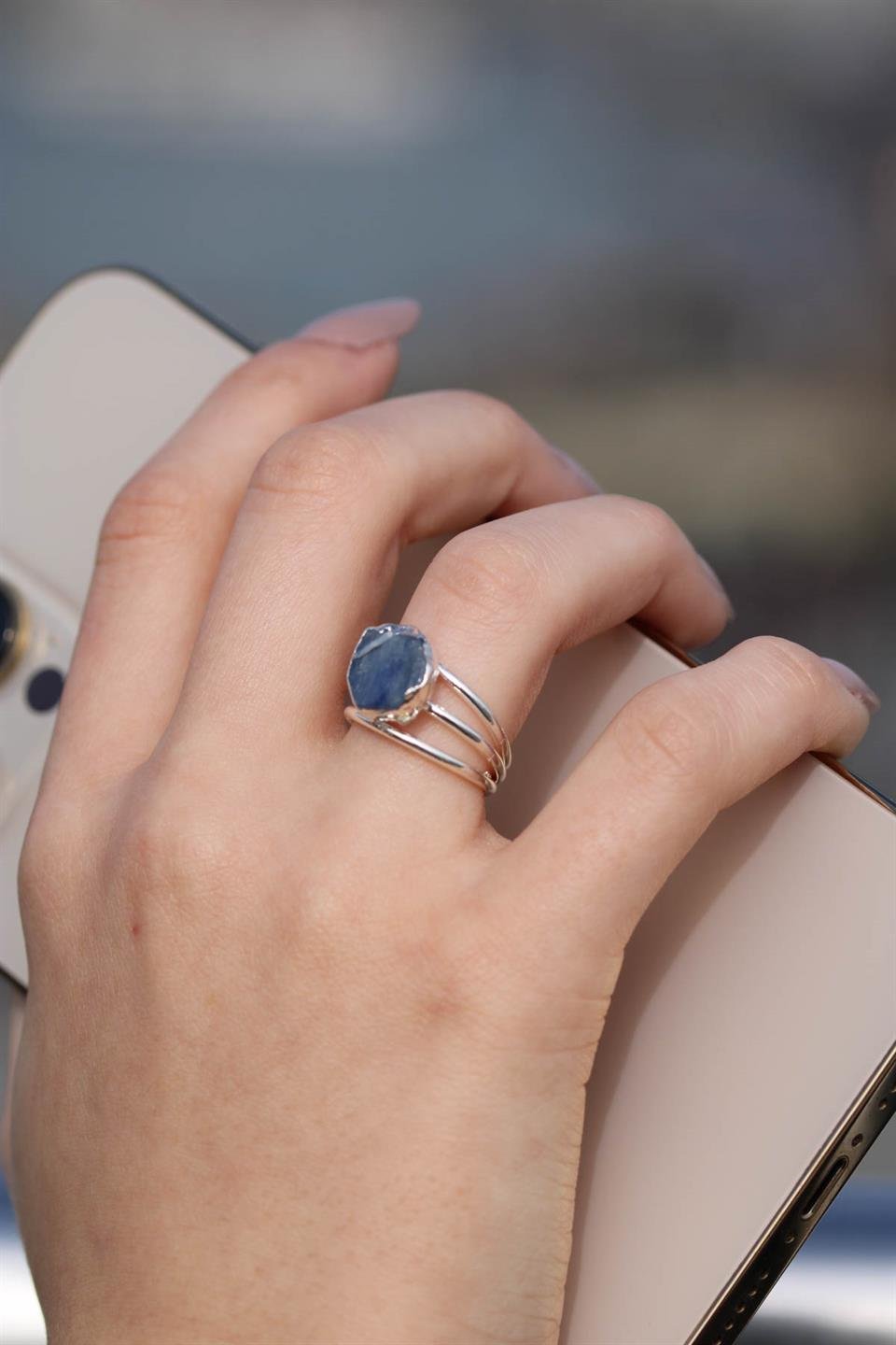 Kyanit Altıgen Model 3 Telli Gümüş Kaplama Ayarlanabilir Doğal Taş Yüzük