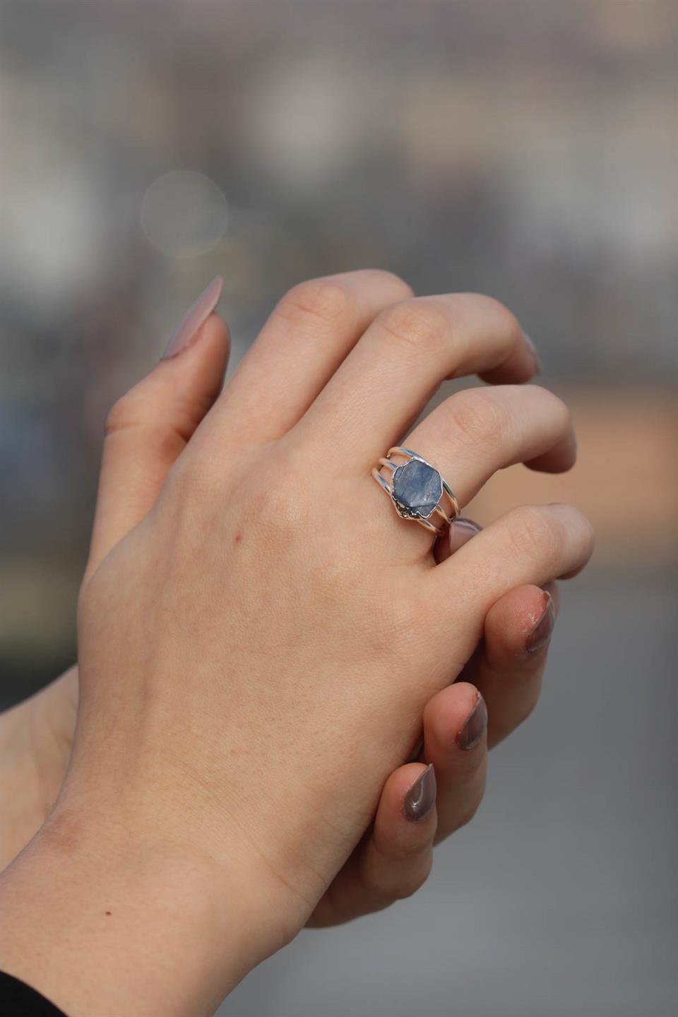 Kyanit Altıgen Model 3 Telli Gümüş Kaplama Ayarlanabilir Doğal Taş Yüzük