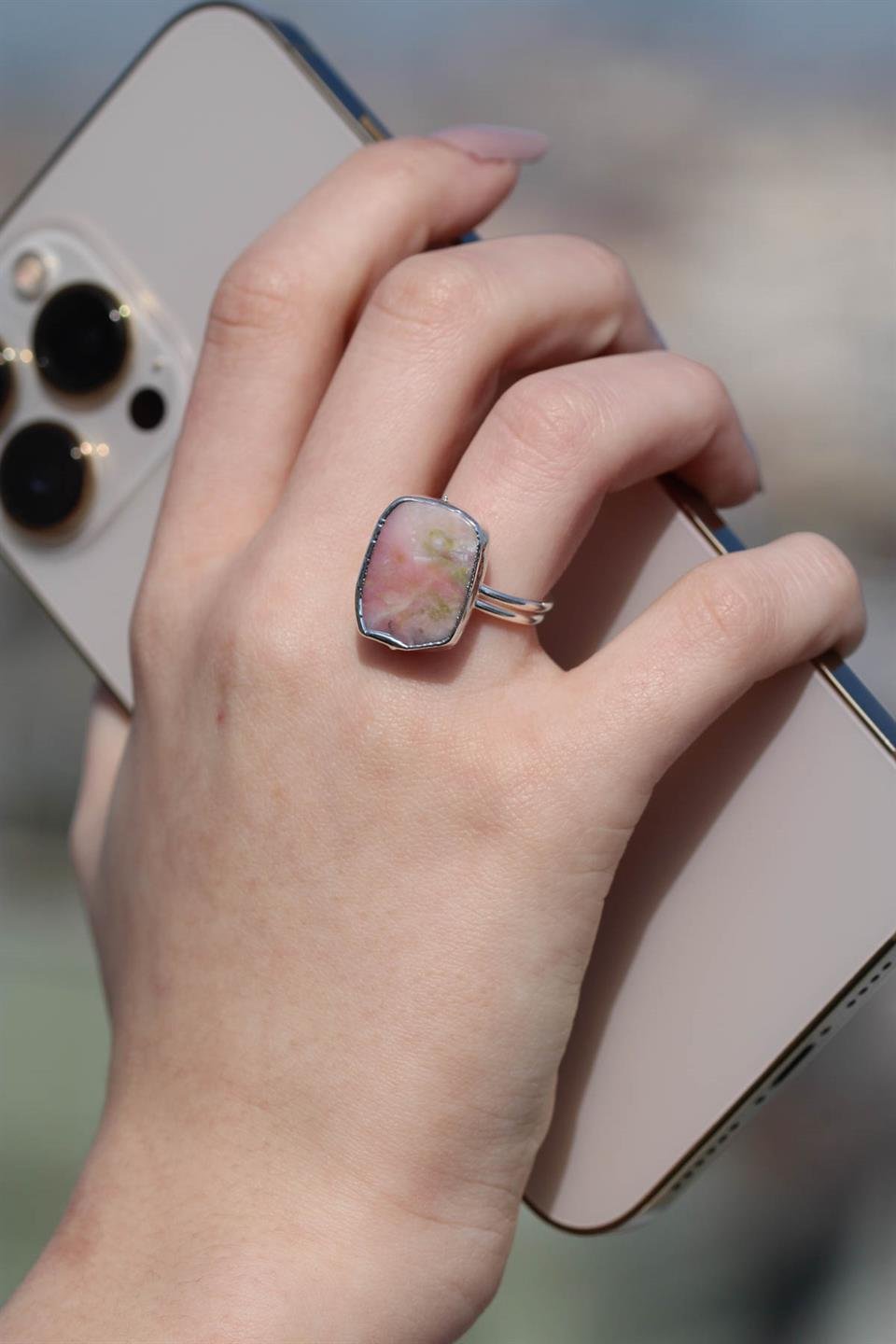 Pembe Opal Oval Model Gümüş Kaplama Ayarlanabilir Doğal Taş Yüzük