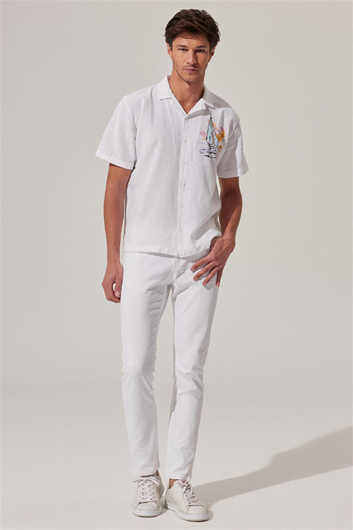 4130 Yelken Baskılı Keten Resort Gömlek