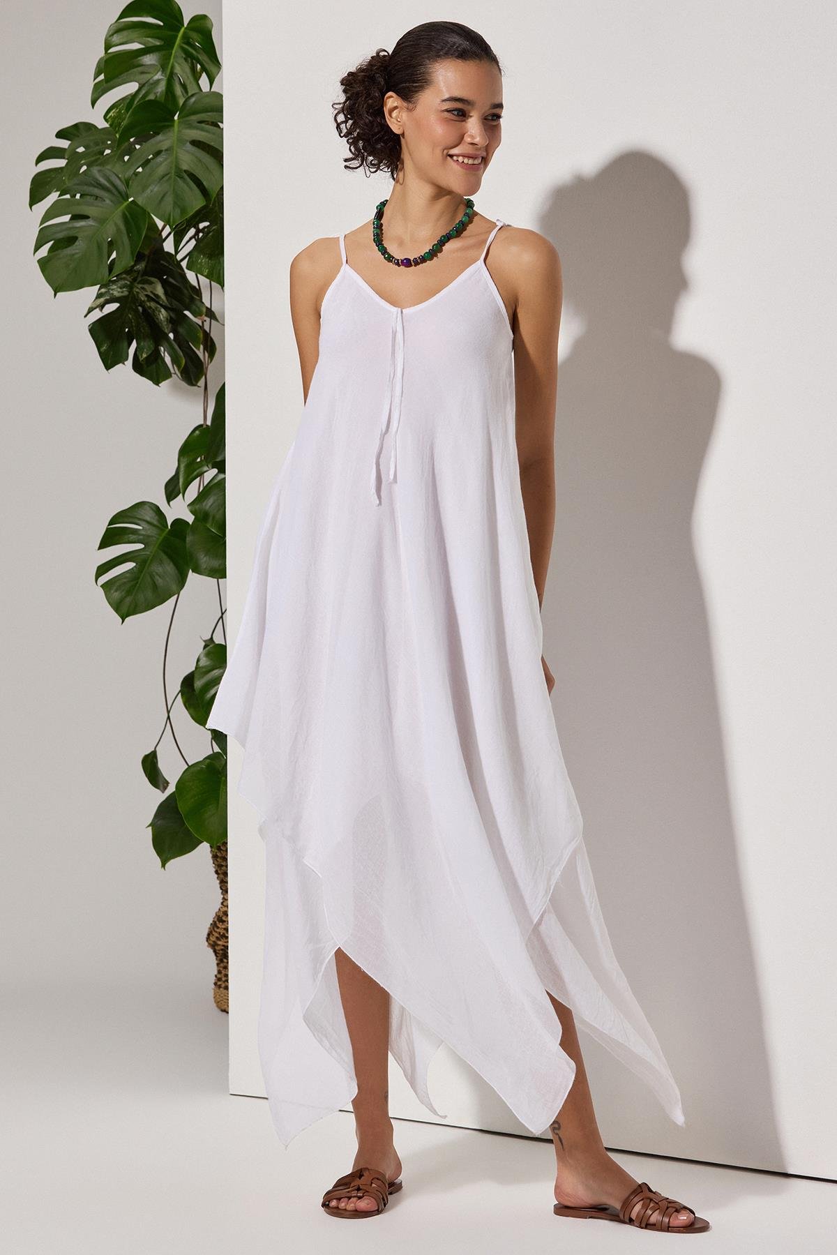 Afrodit Şile Bezi Beyaz Kadın Elbise