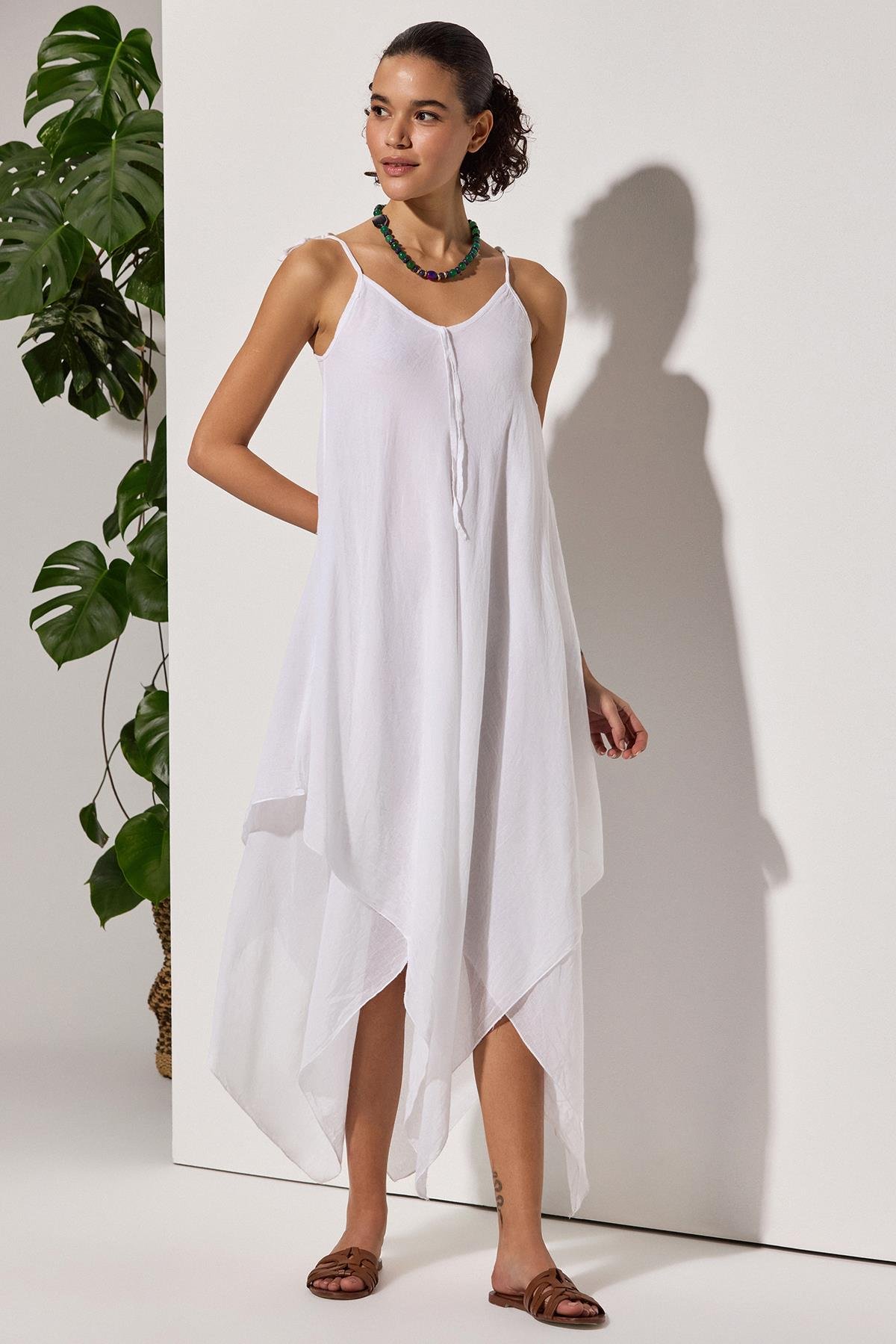 Afrodit Şile Bezi Beyaz Kadın Elbise