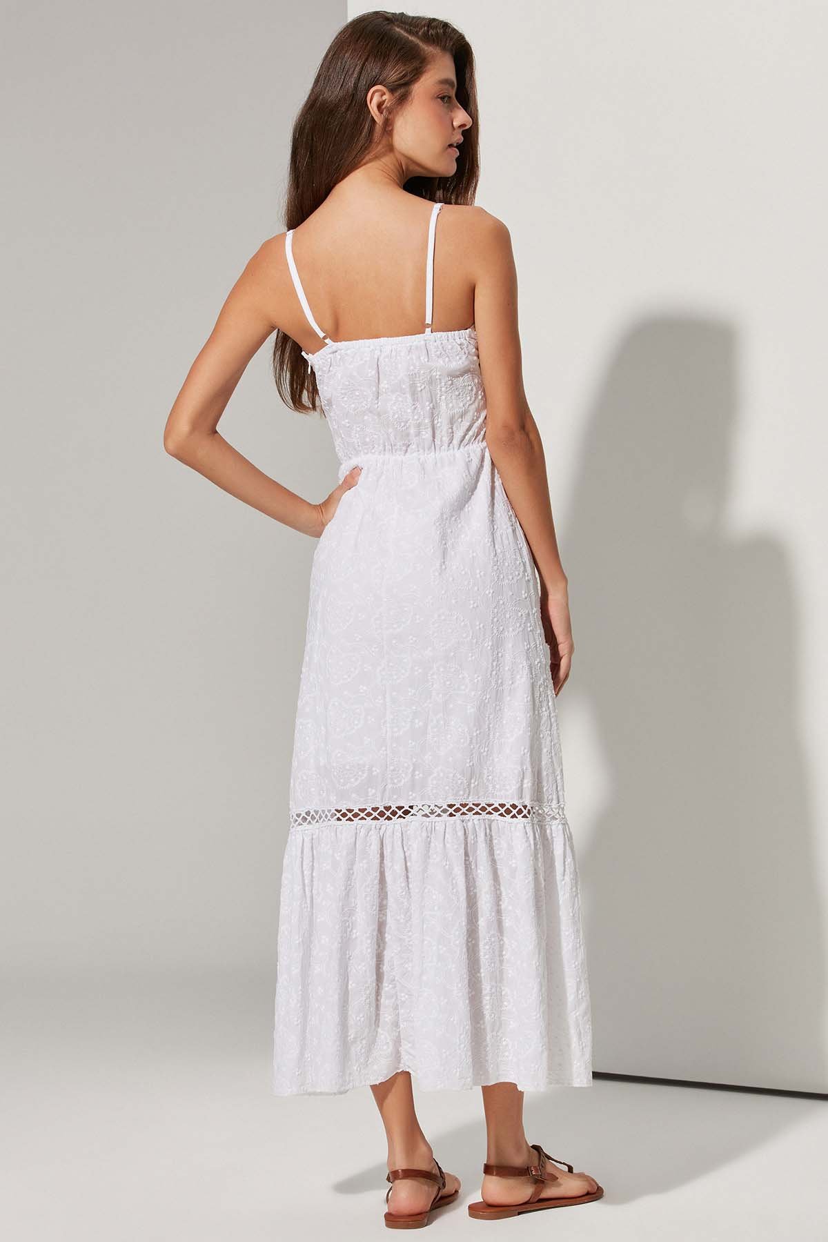 Askılı Brode Petek Garni Beyaz Elbise