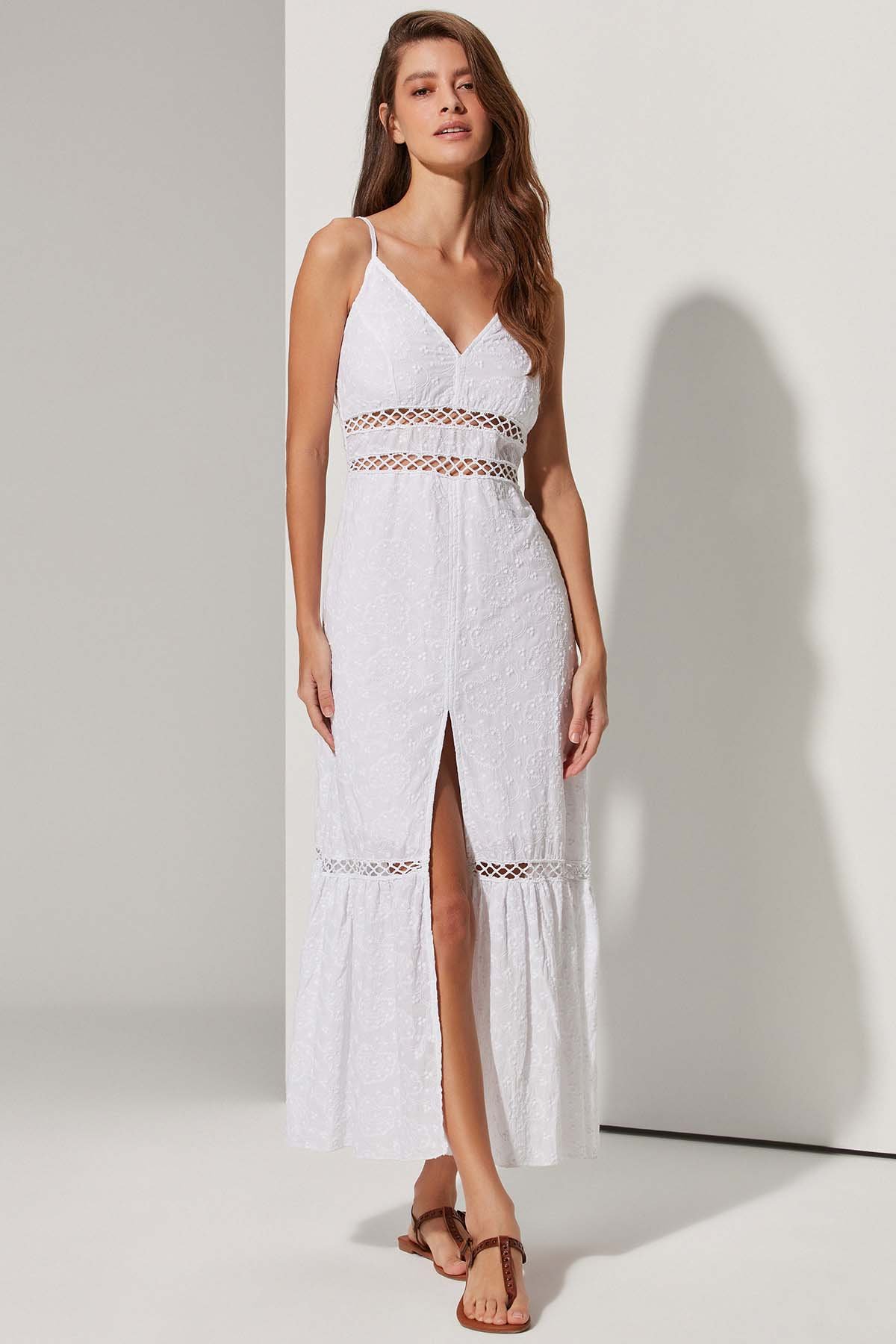 Askılı Brode Petek Garni Beyaz Elbise