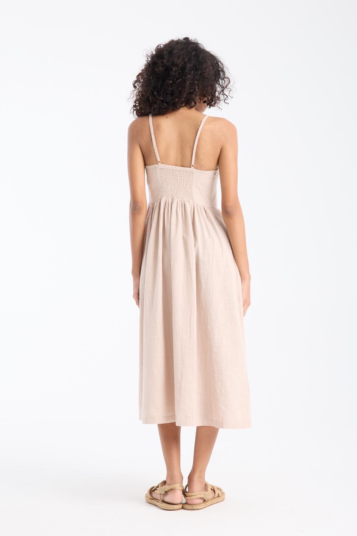 Askılı Coco Düğmeli Bej Kadın Elbise