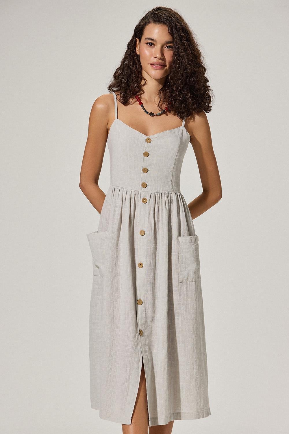 Askılı Coco Düğmeli  Gri Elbise