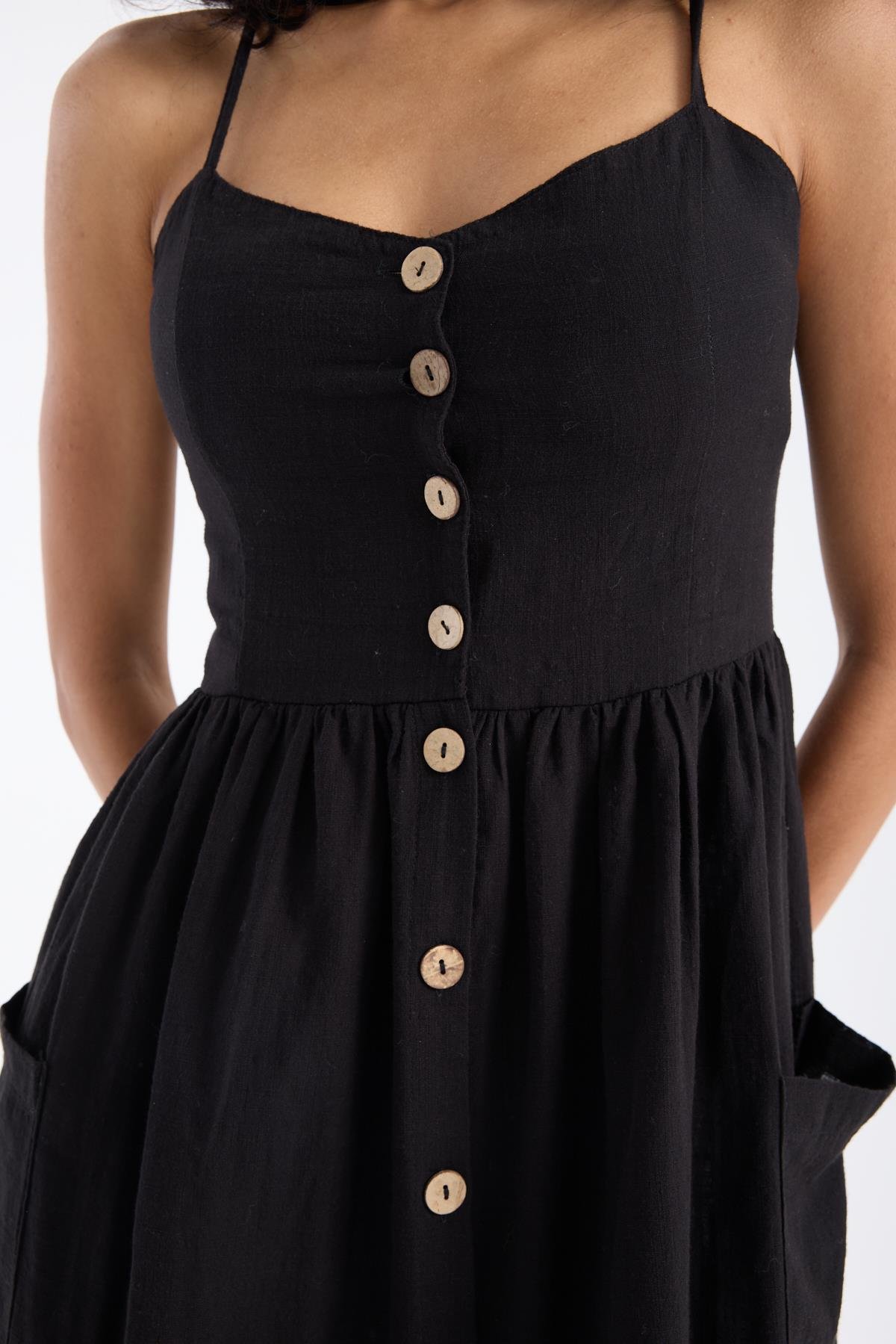 Askılı Coco Düğmeli Siyah Elbise