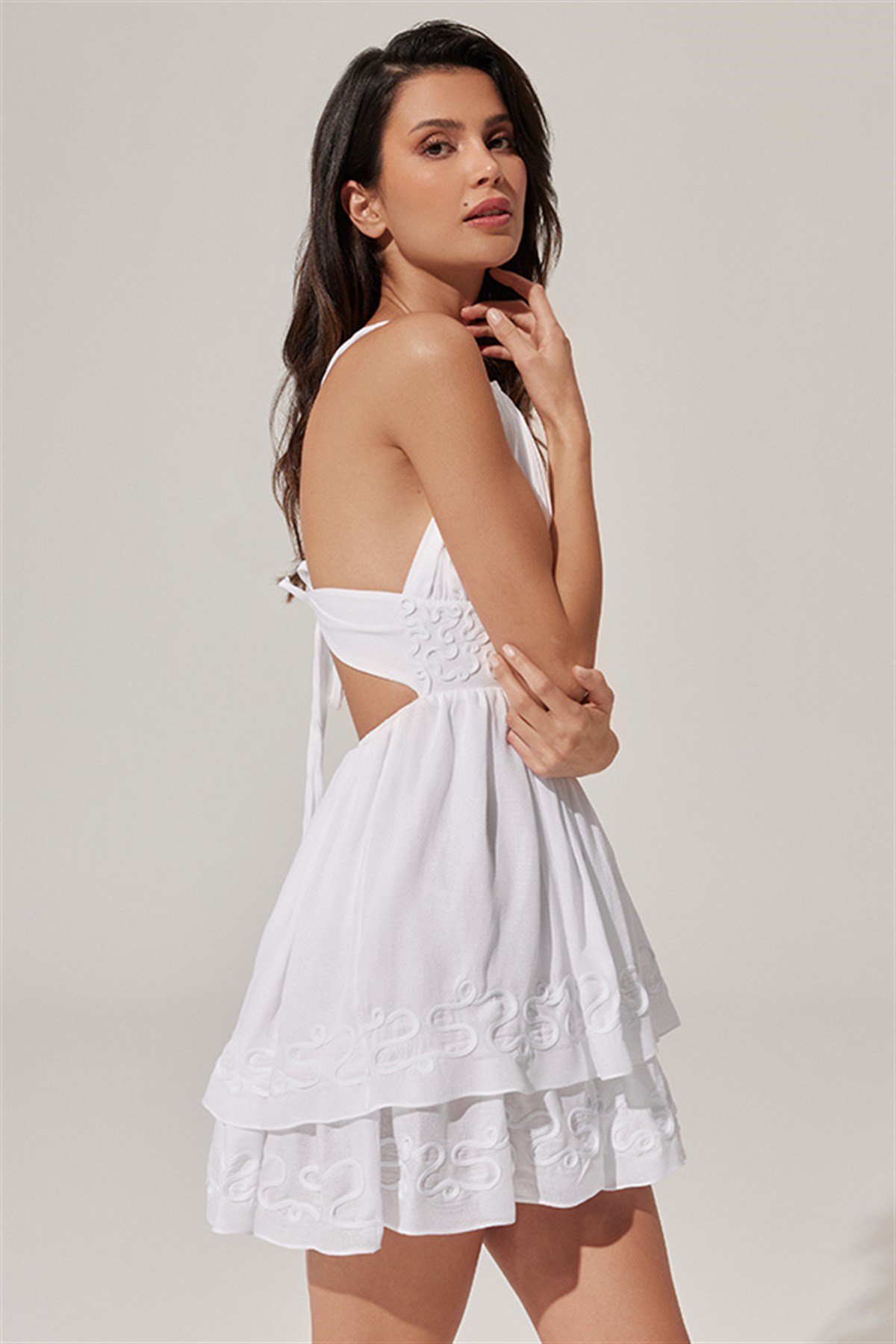 Çift Askılı, Eteği Katlı Mini Elbise