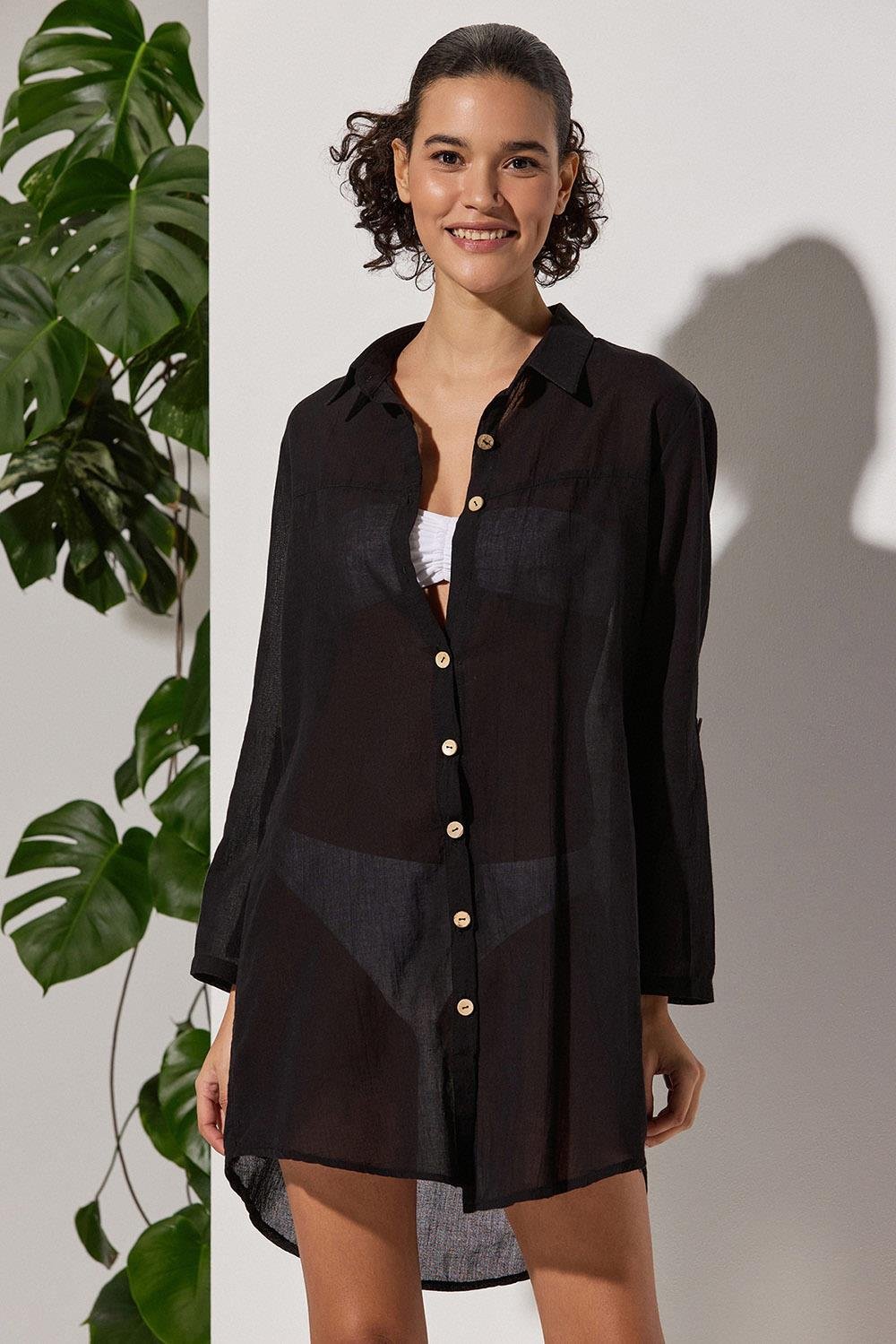 Taç Şile Bezi Siyah Kadın Gömlek