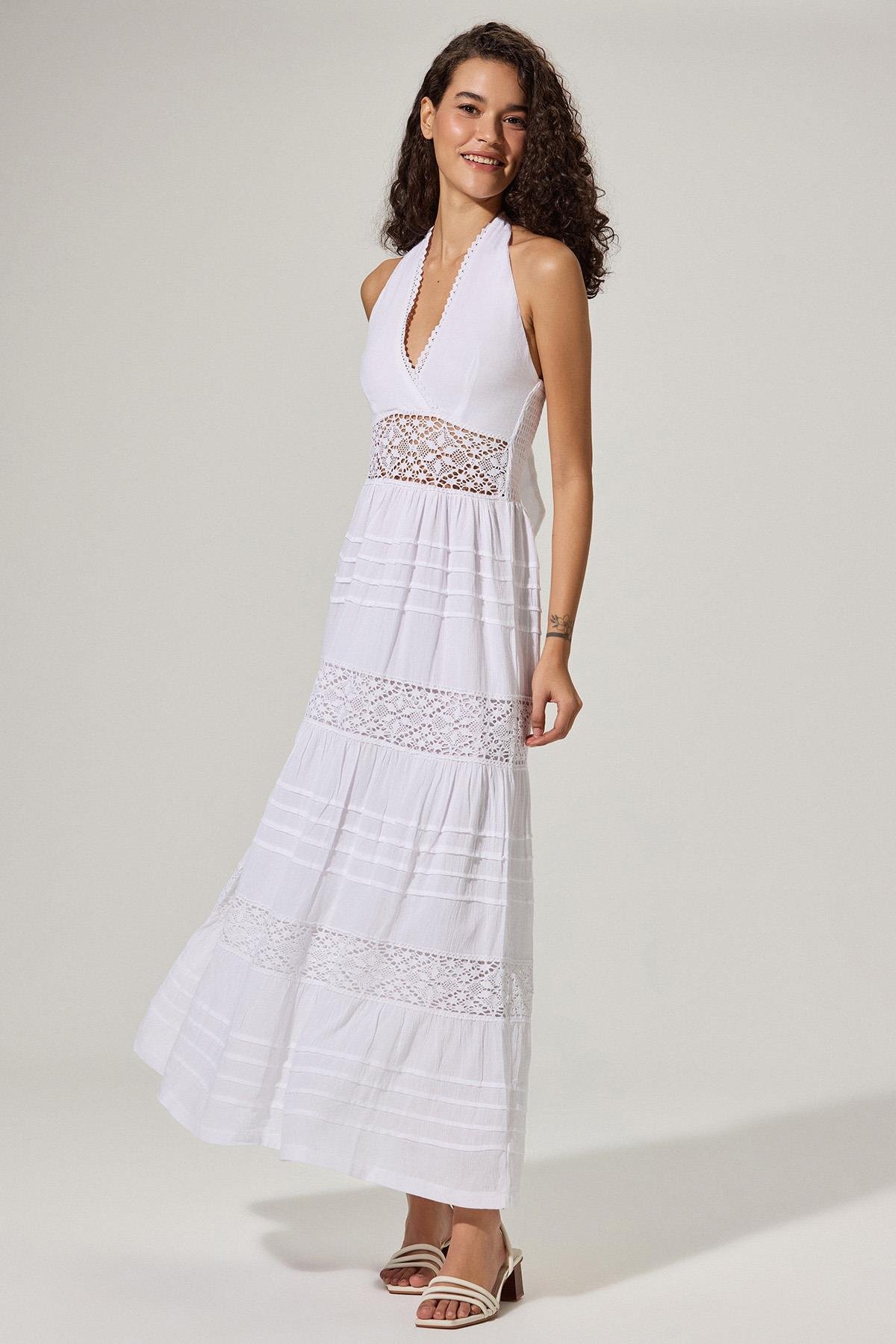 Dantelli, Nervür Detaylı Maxi Elbise