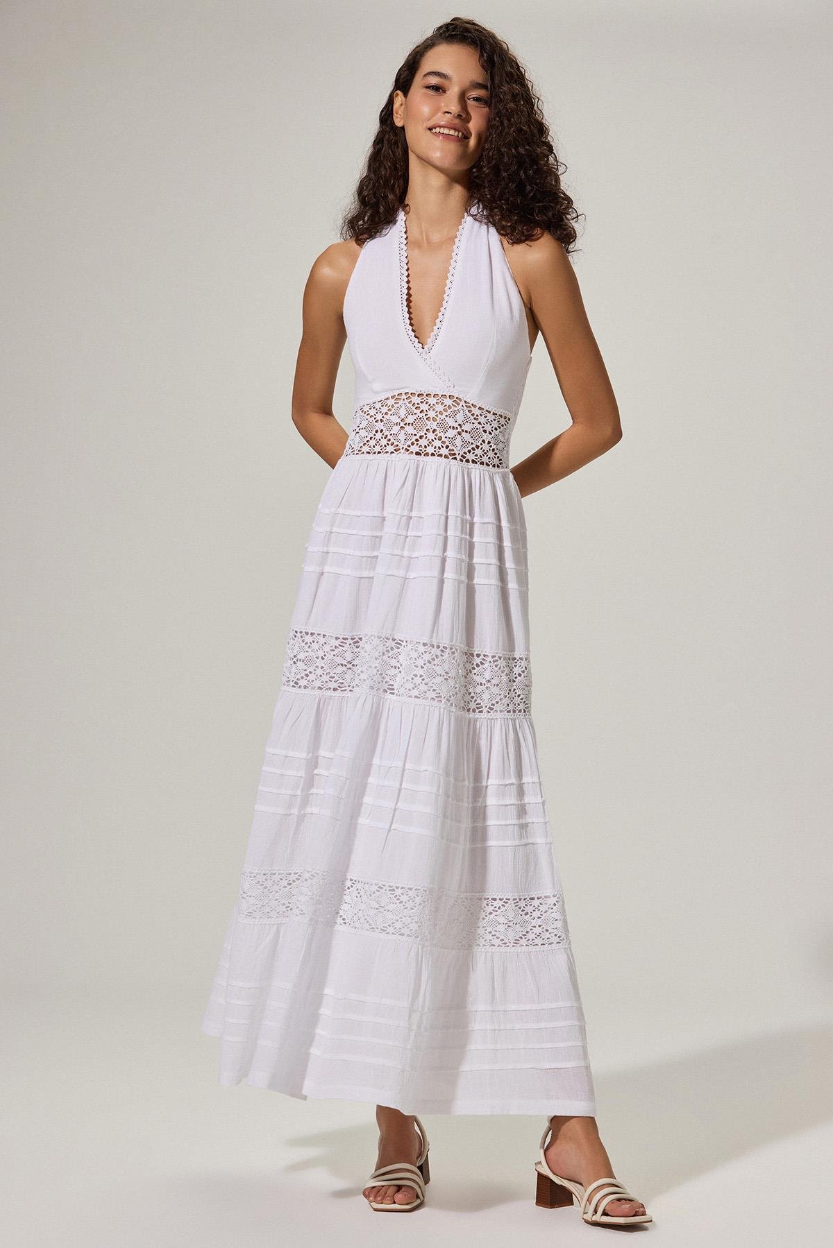 Dantelli, Nervür Detaylı Maxi Elbise