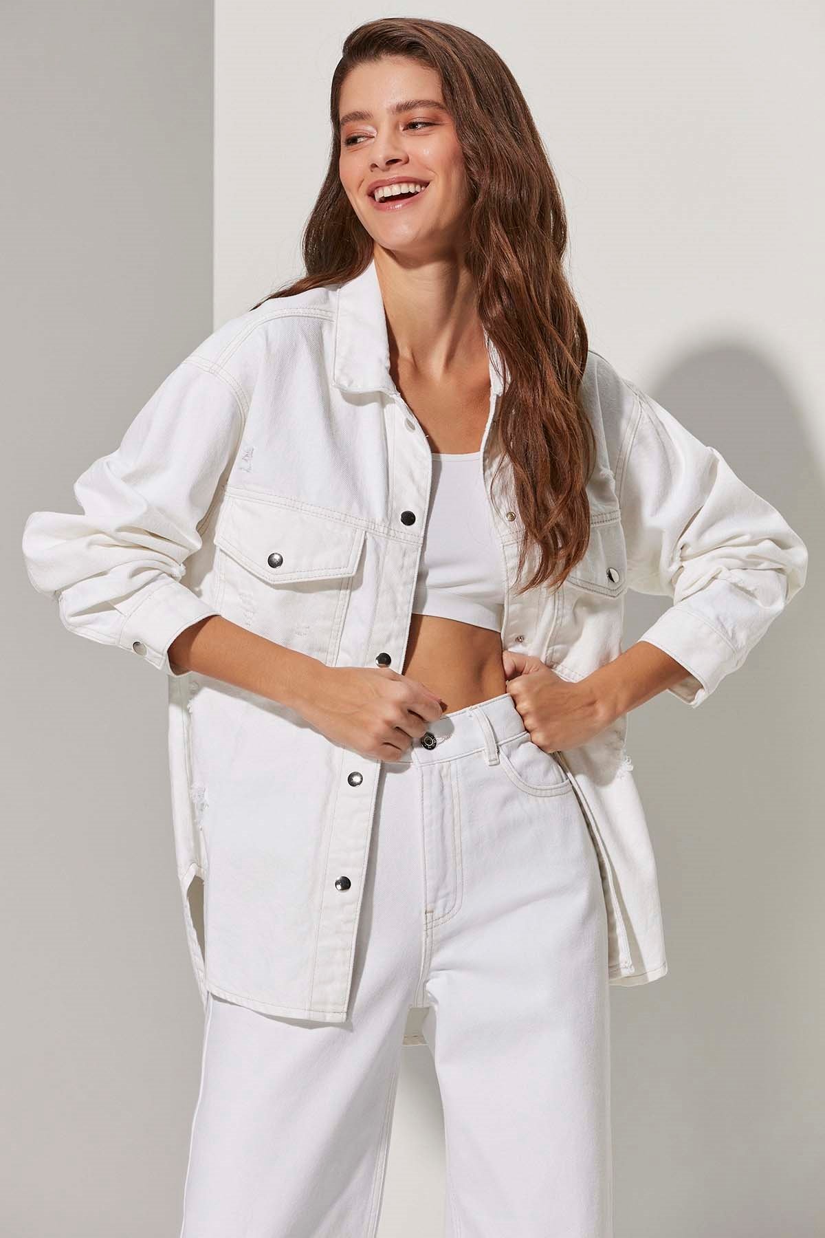 Denim Beyaz Kadın Gömlek Ceket