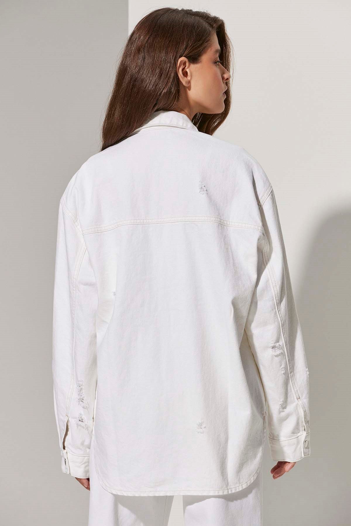 Denim Beyaz Kadın Gömlek Ceket