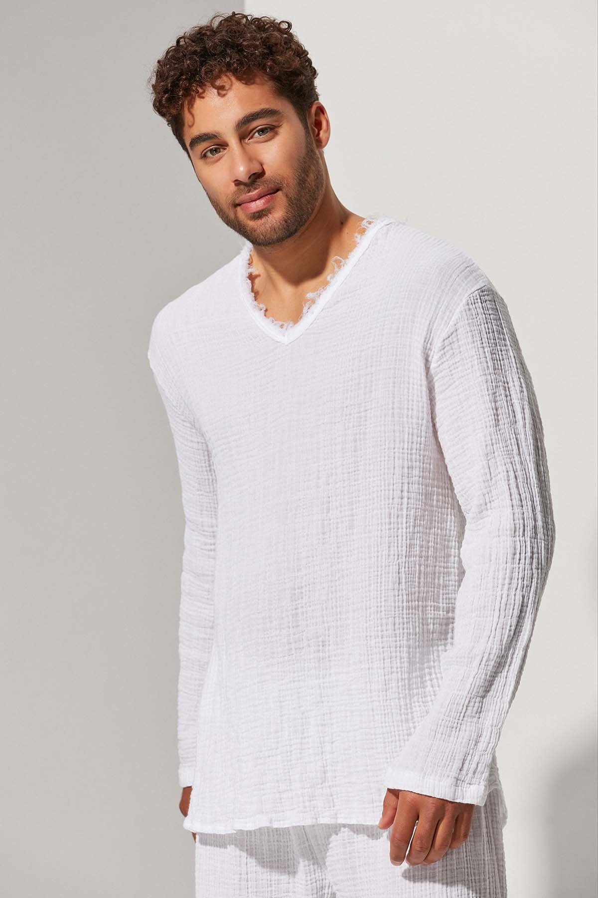 Double Face V Yaka Müslin Kumaş  T-Shirt