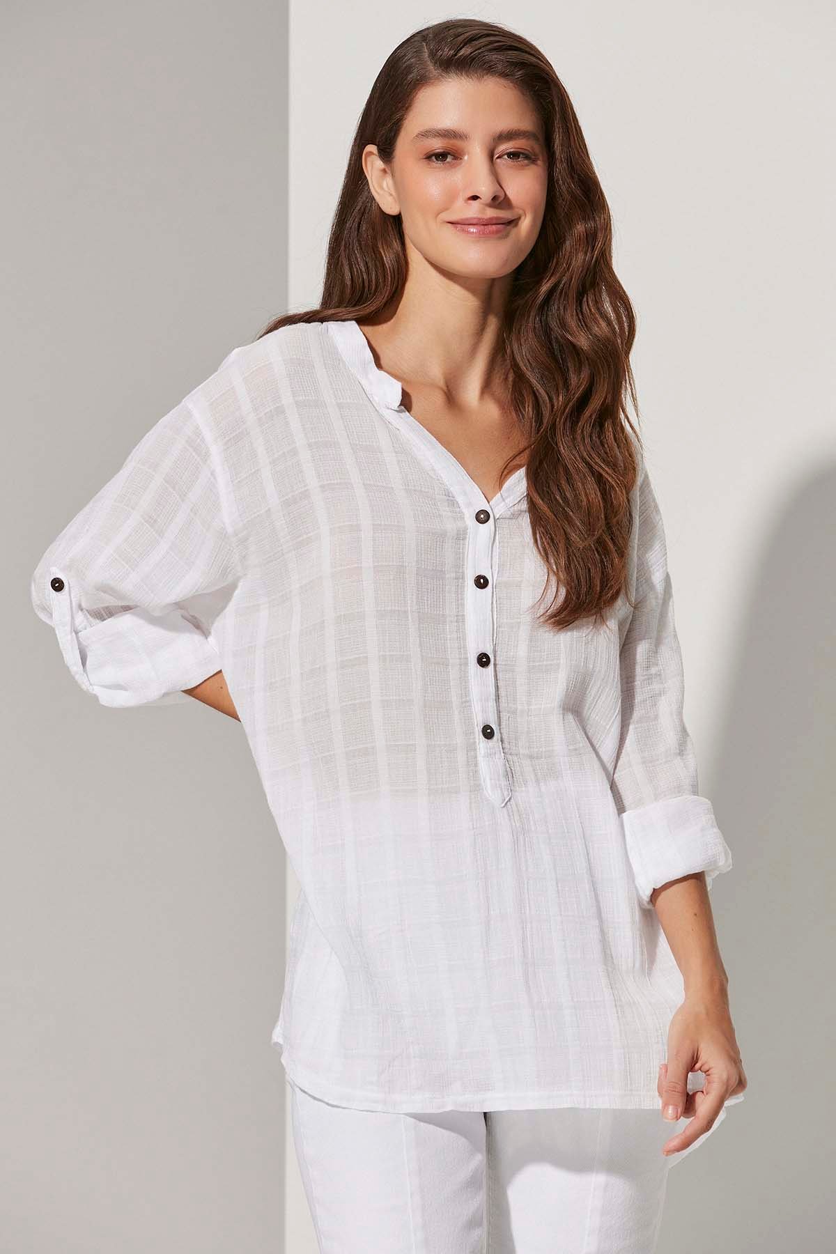 Hakim Yaka Uzun Pat Kadın Bluz