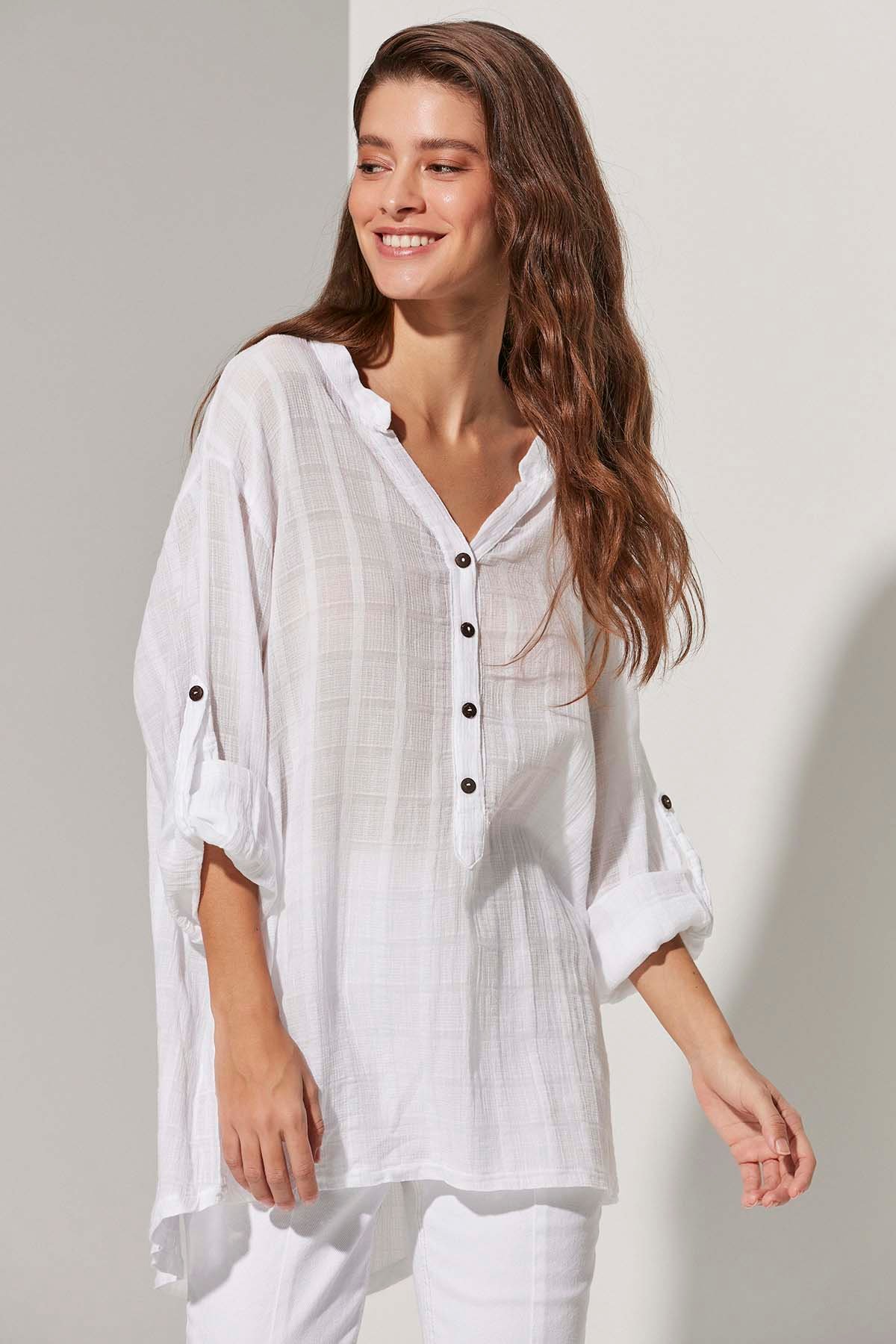 Hakim Yaka Uzun Pat Kadın Bluz