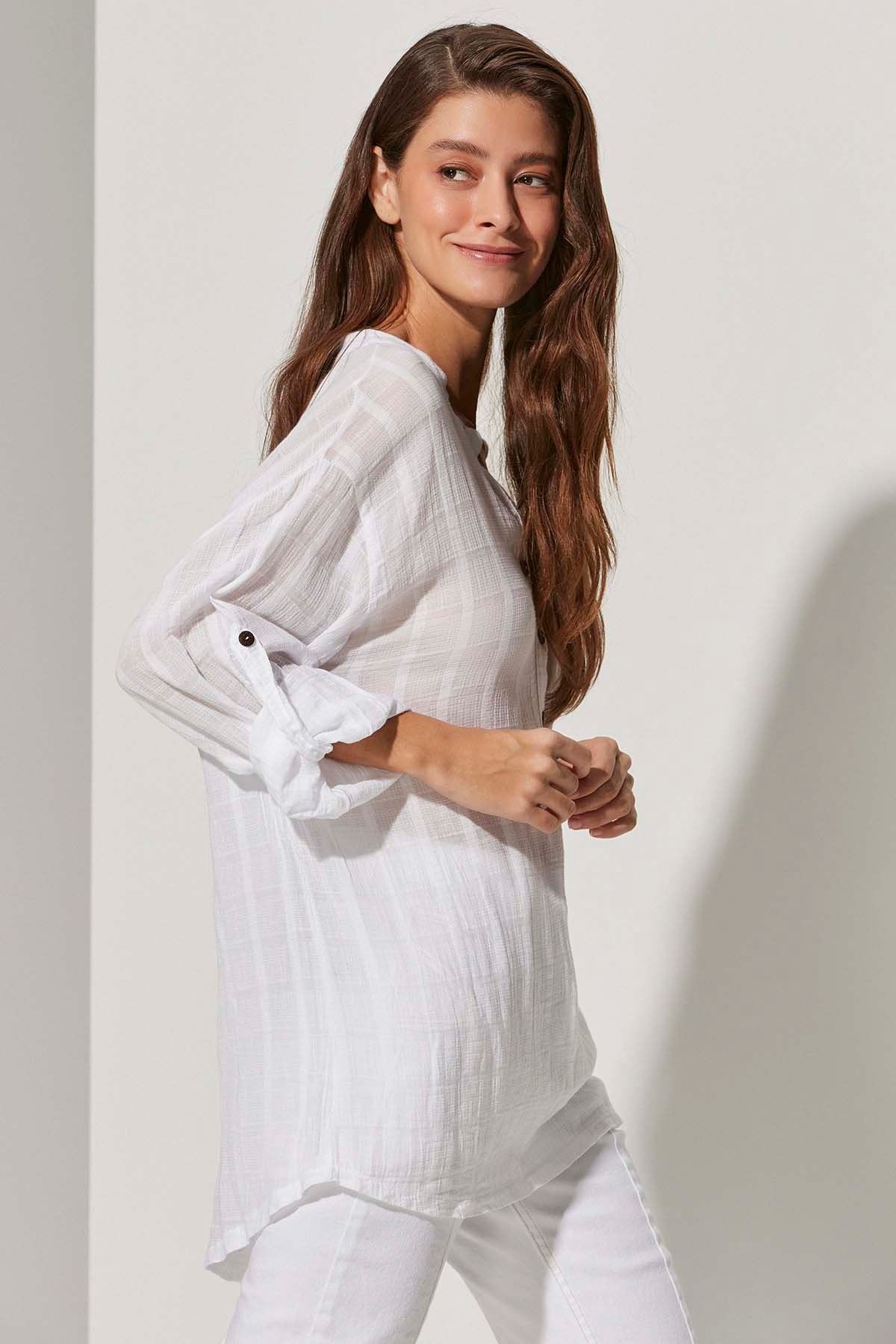 Hakim Yaka Uzun Pat Kadın Bluz