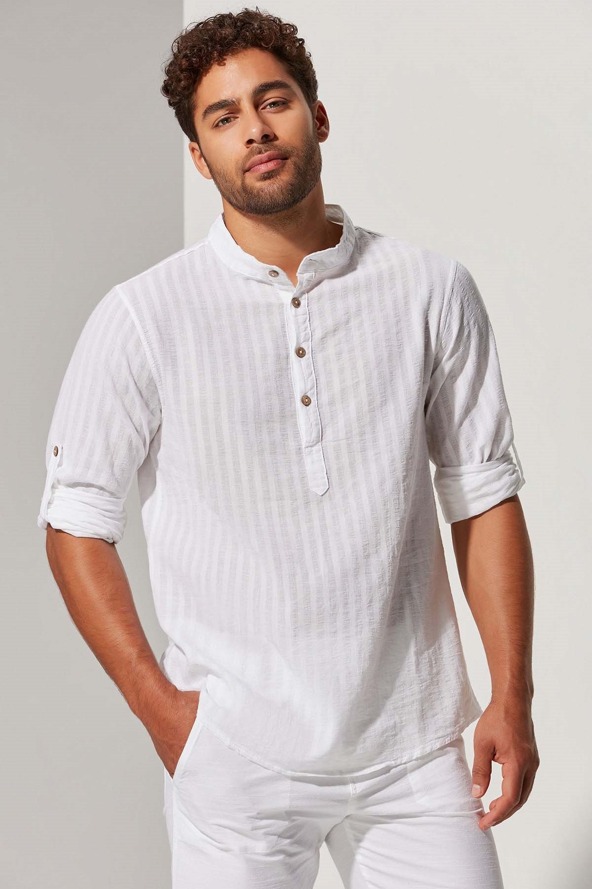 Hakim Yaka Yarım Pat Erkek Gömlek