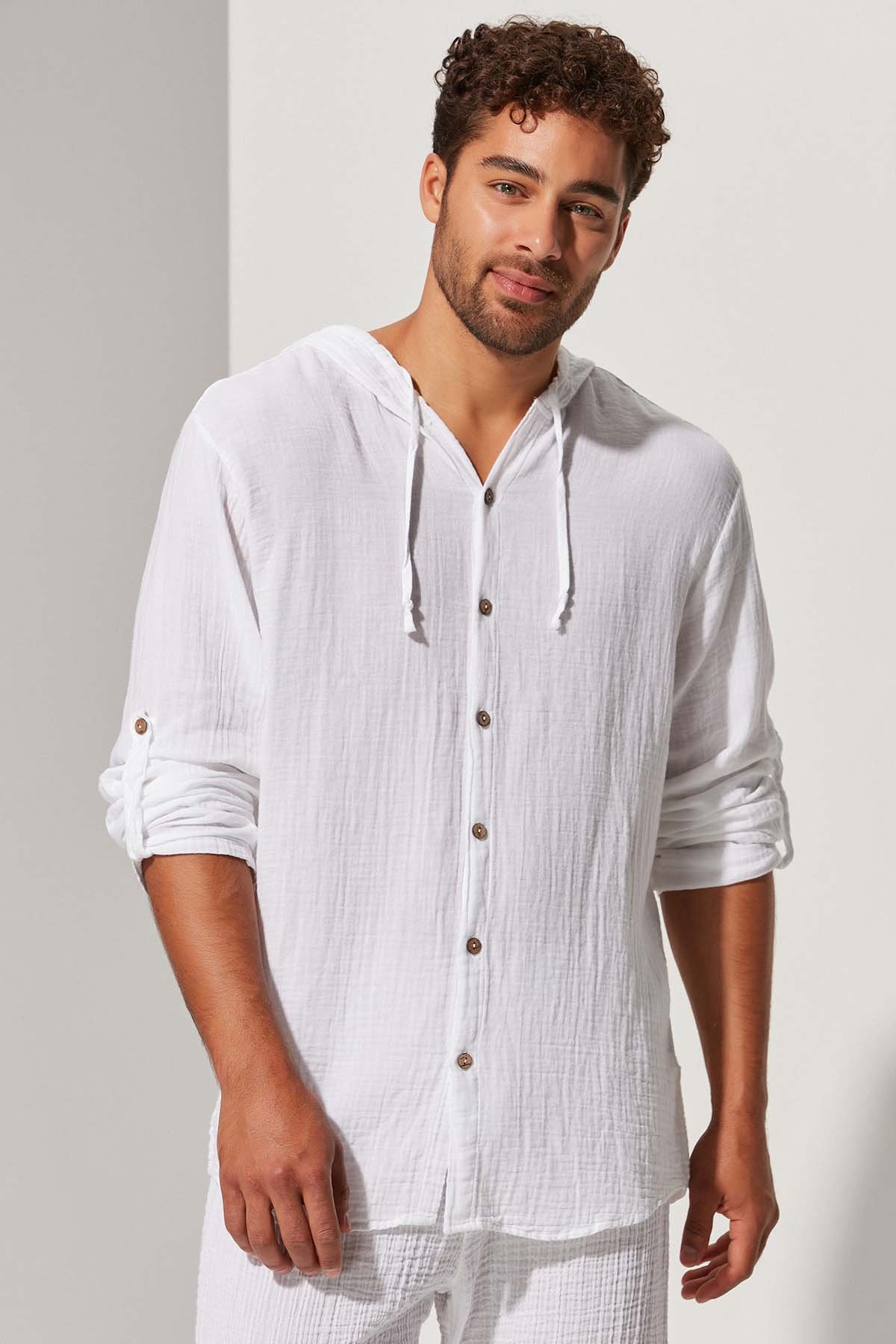 Kapüşonlu Double Face Müslin Gömlek