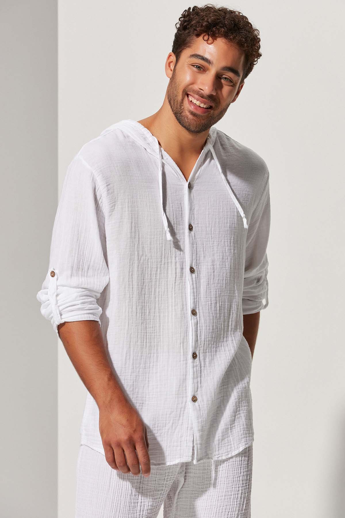 Kapüşonlu Double Face Müslin Gömlek