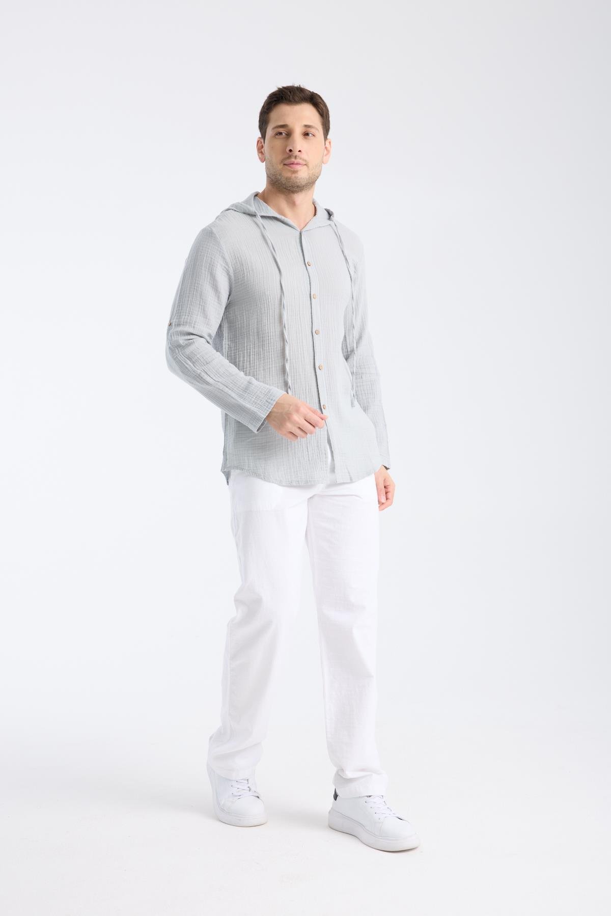 Kapüşonlu Double Face Müslin Gri Gömlek