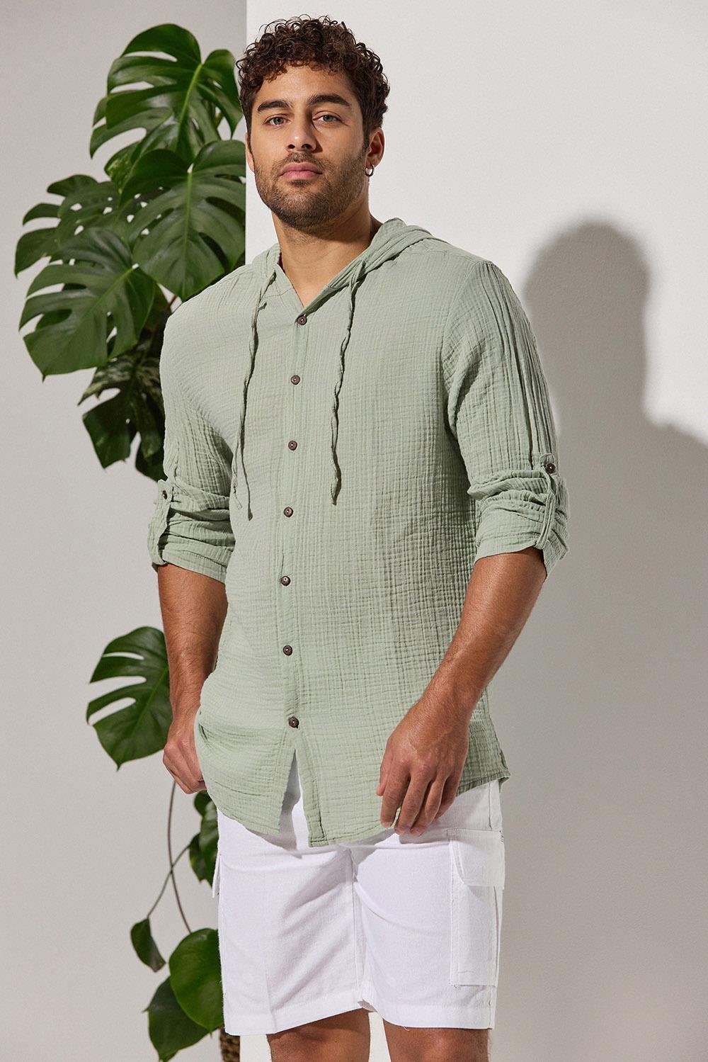 Kapüşonlu Double Face Müslin Yeşil Gömlek