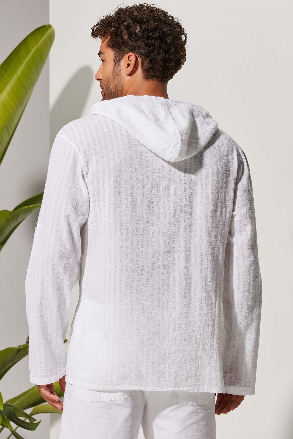 Kapüşonlu Erkek Beyaz T-Shirt