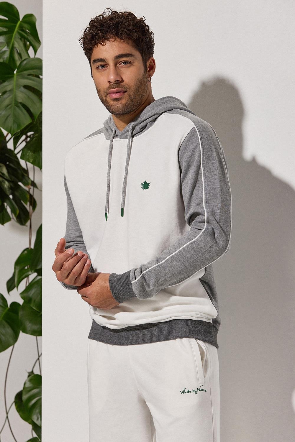 Kapuşonlu,Gri Melanj Garnili Sweatshirt