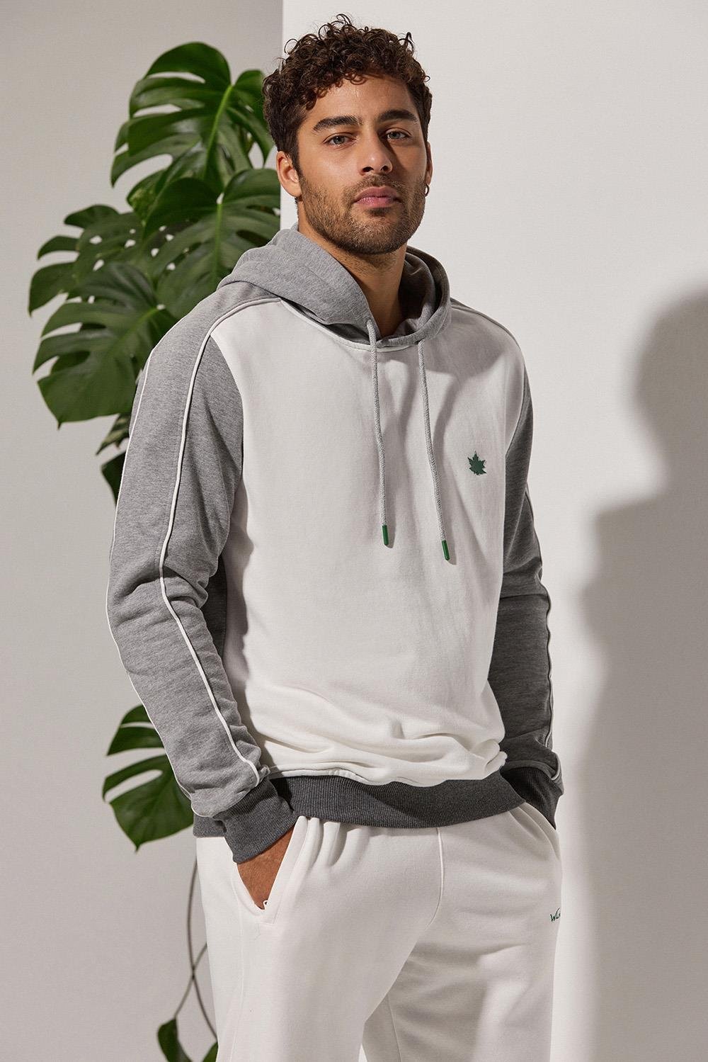 Kapuşonlu,Gri Melanj Garnili Sweatshirt