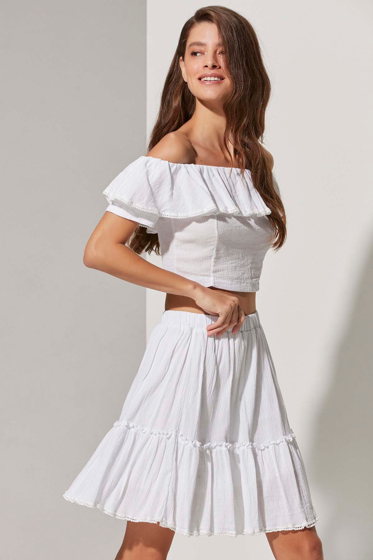 Kısa Kol Farbelalı Beyaz Kadın Bluz