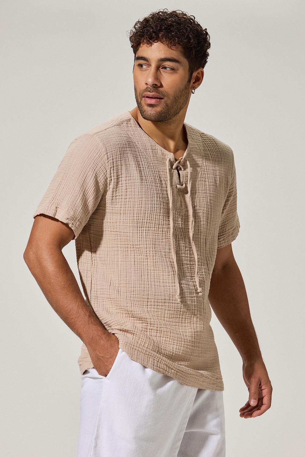 Kısa Kol Zımbalı Şile Bezi Bej Erkek T-Shirt