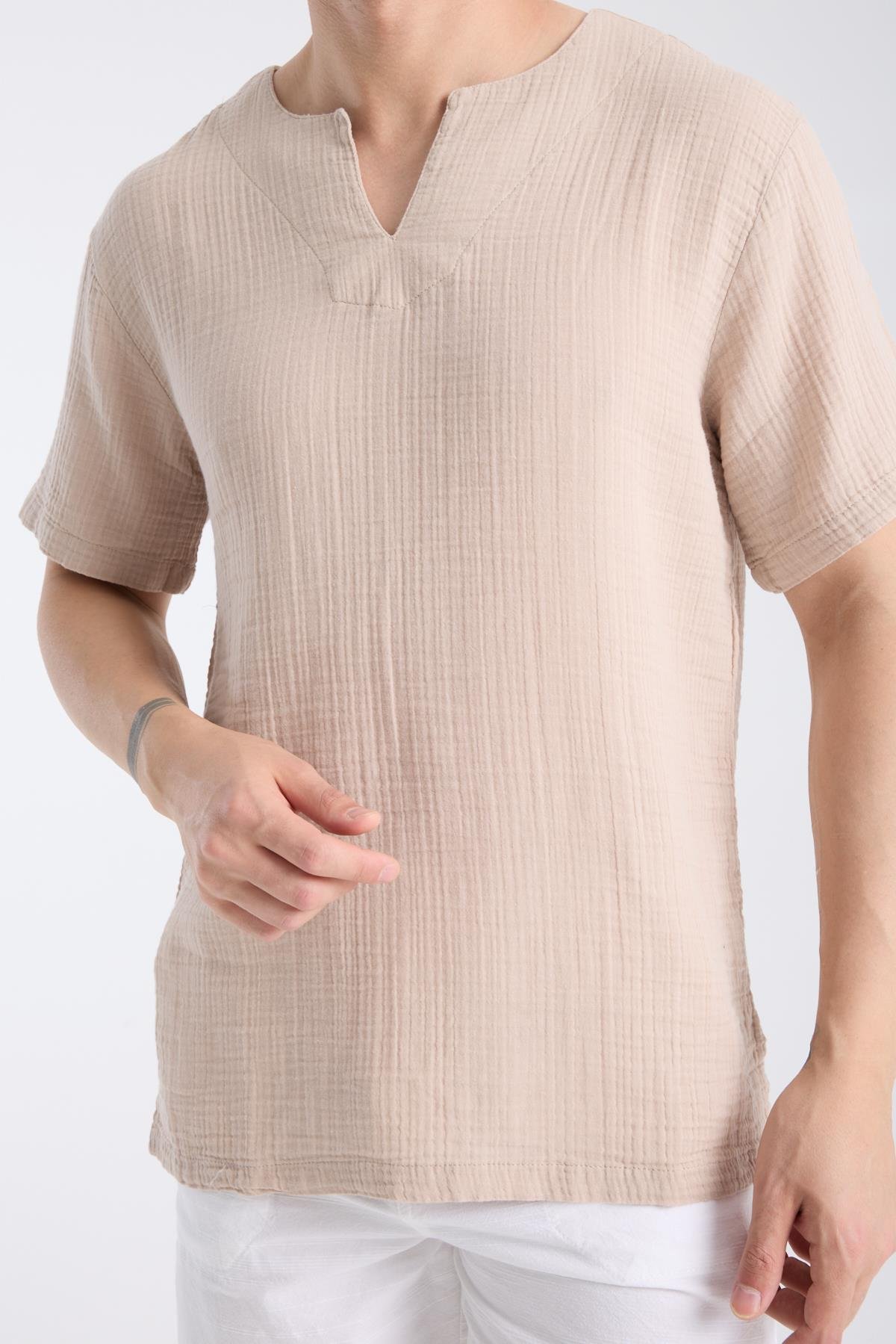 Kısa Kollu Bisiklet Yaka BejTShirt