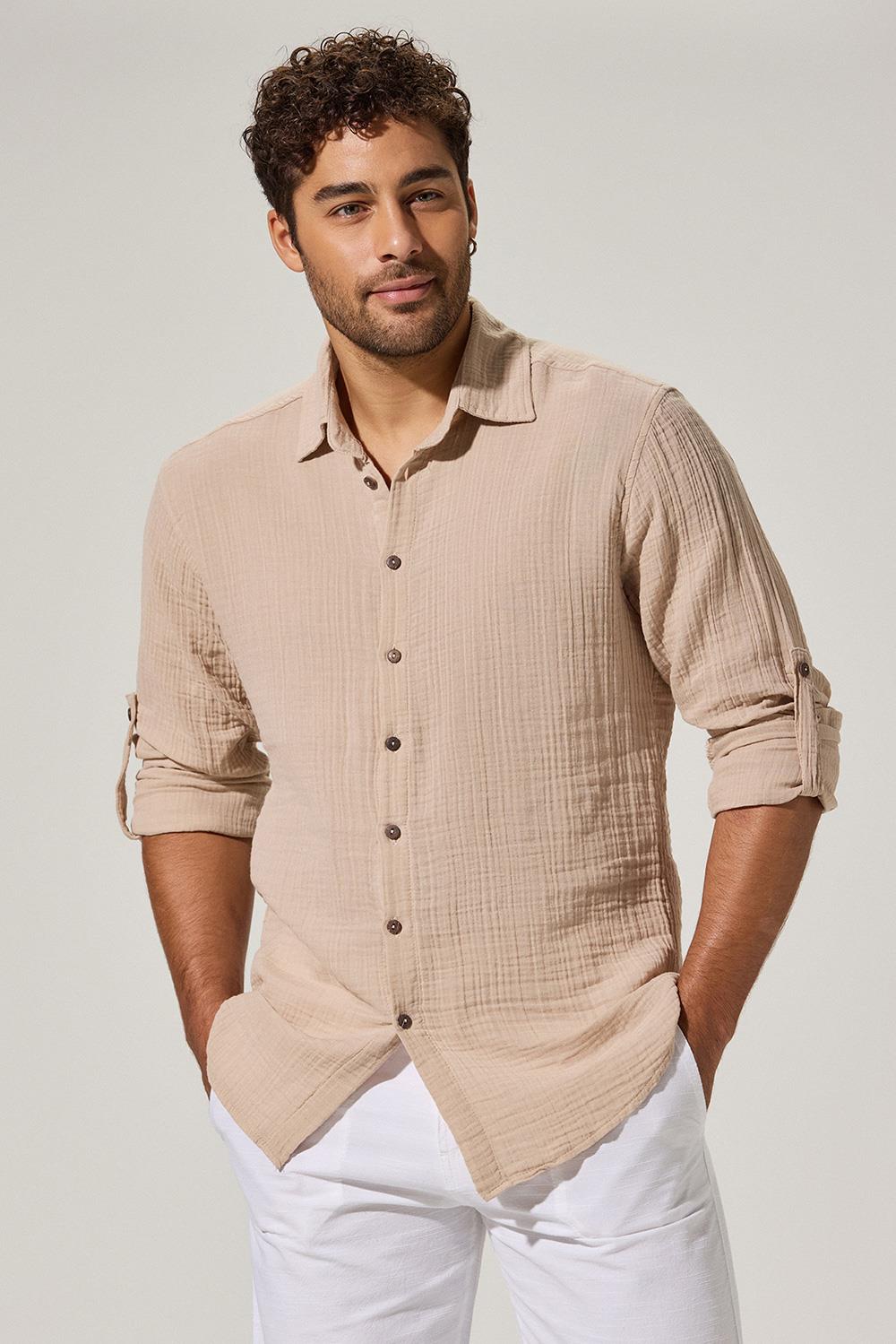 Long Sleeve Double Face Beige Shirt