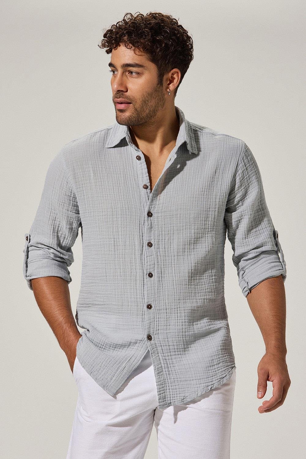 Uzun Kol Double Face Gri Erkek Gömlek