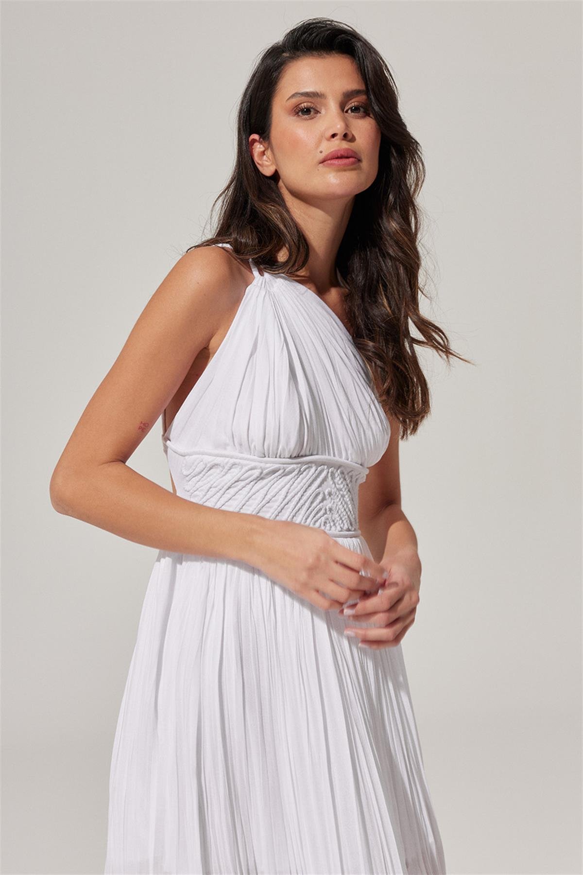 Tek Omuzlu, Korsaj Detaylı Maxi Elbise