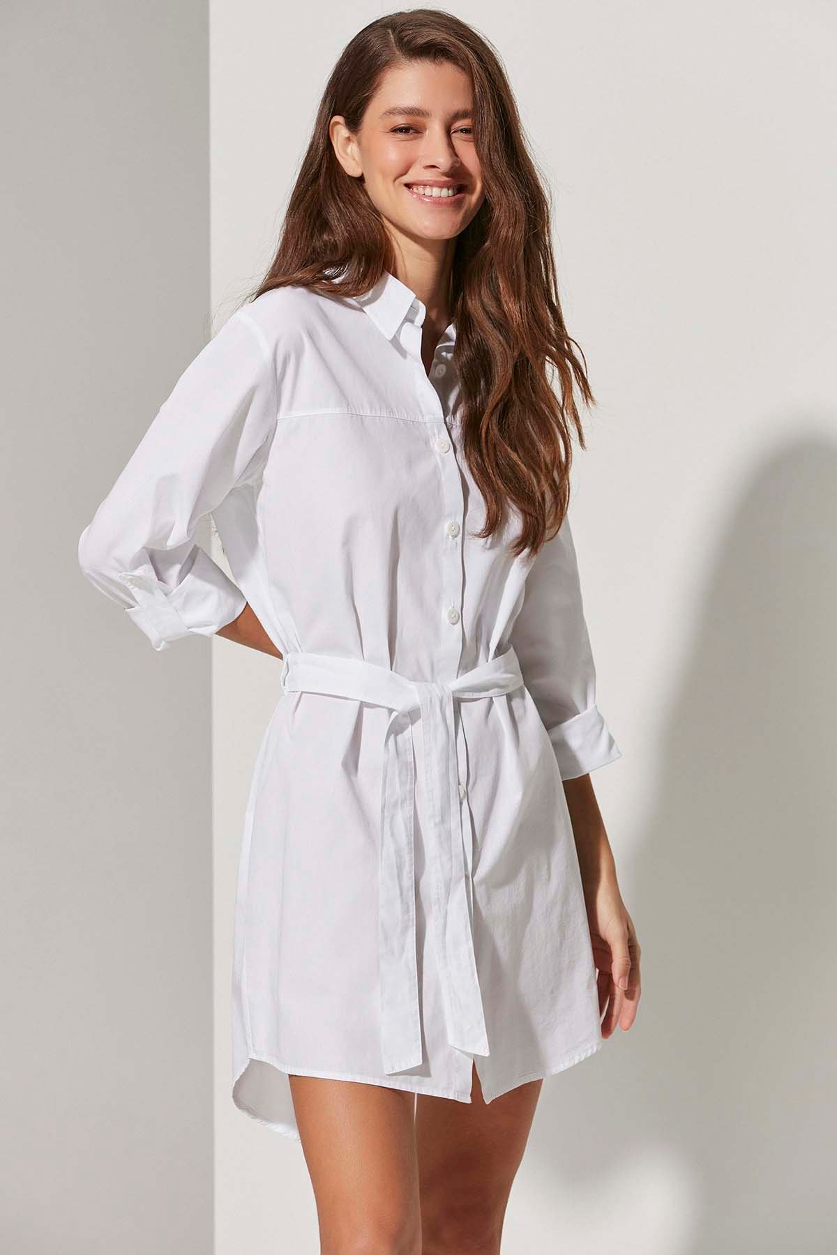 Poplin Beyaz Gömlek Elbise