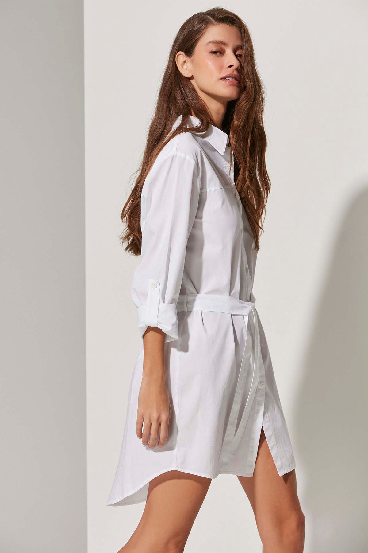 Poplin Beyaz Gömlek Elbise