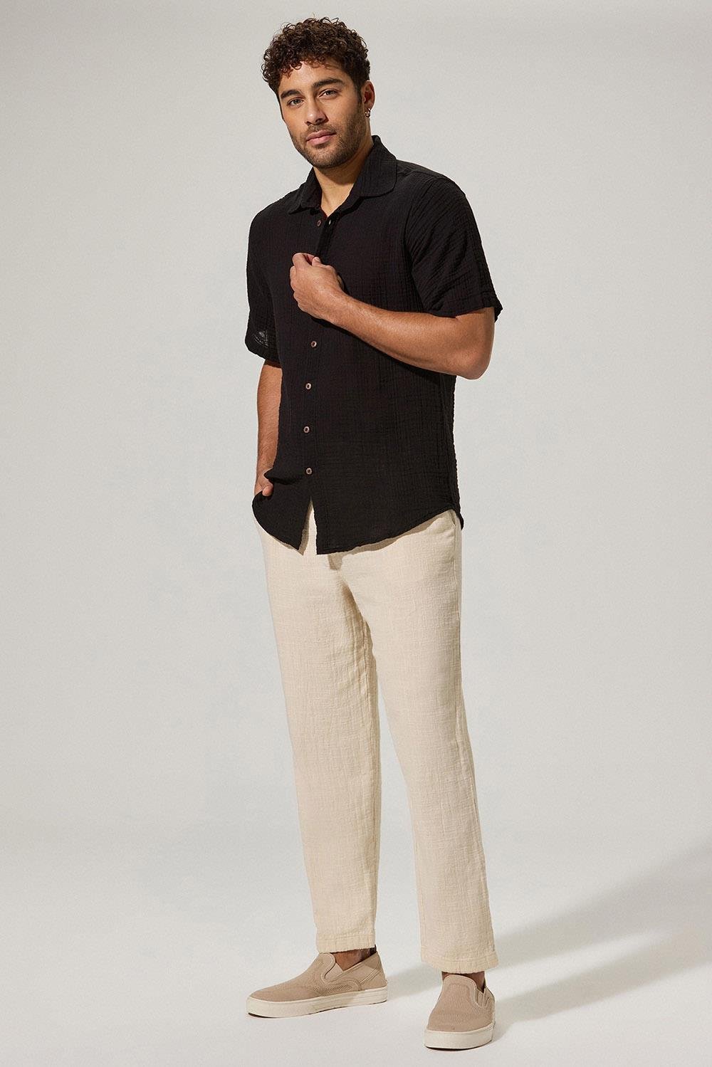 Kısa Kol Double Face Siyah Erkek Gömlek