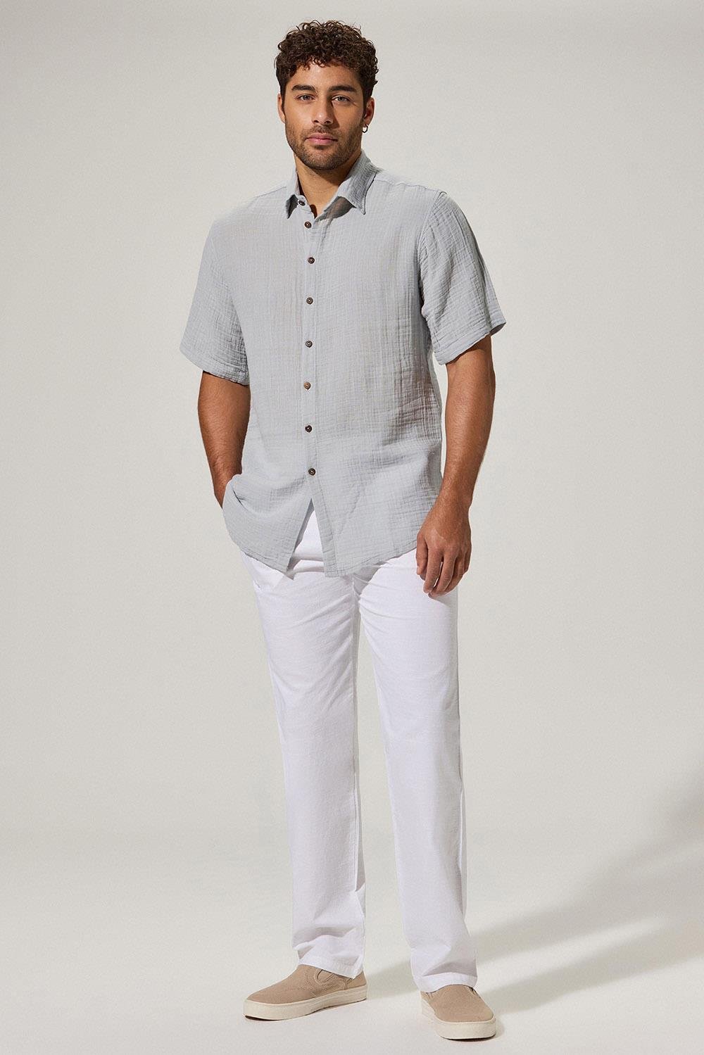 Kısa Kol Double Face Gri Erkek Gömlek