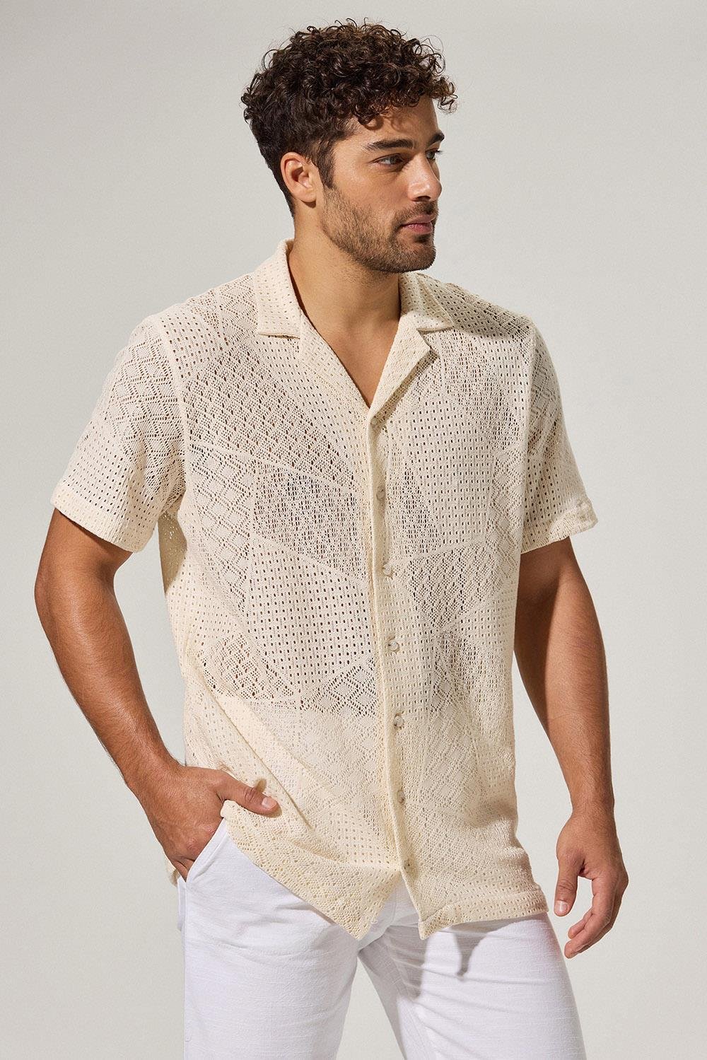 Kısa Kol Naturel Geometrik Resort Gömlek