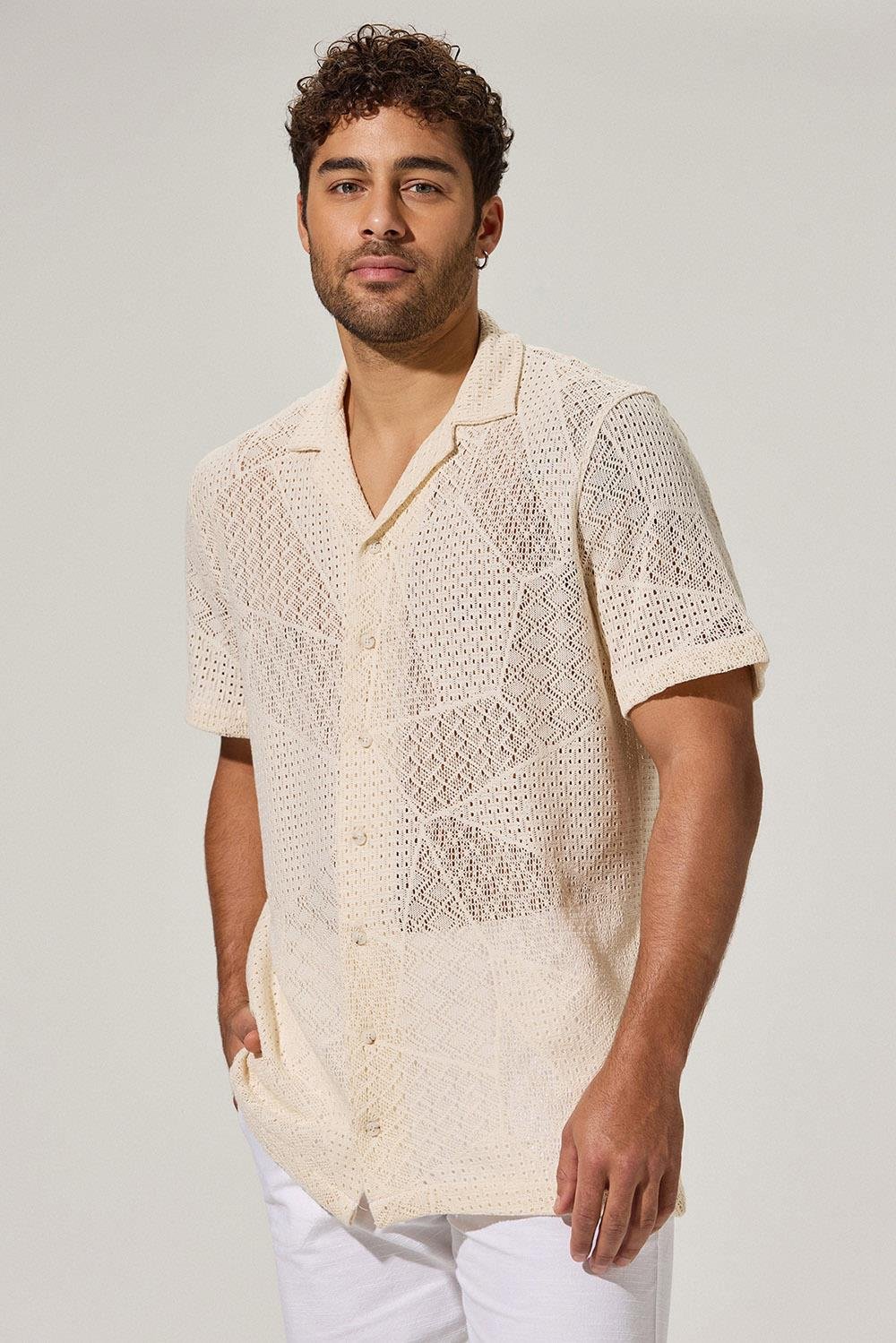 Kısa Kol Naturel Geometrik Resort Gömlek